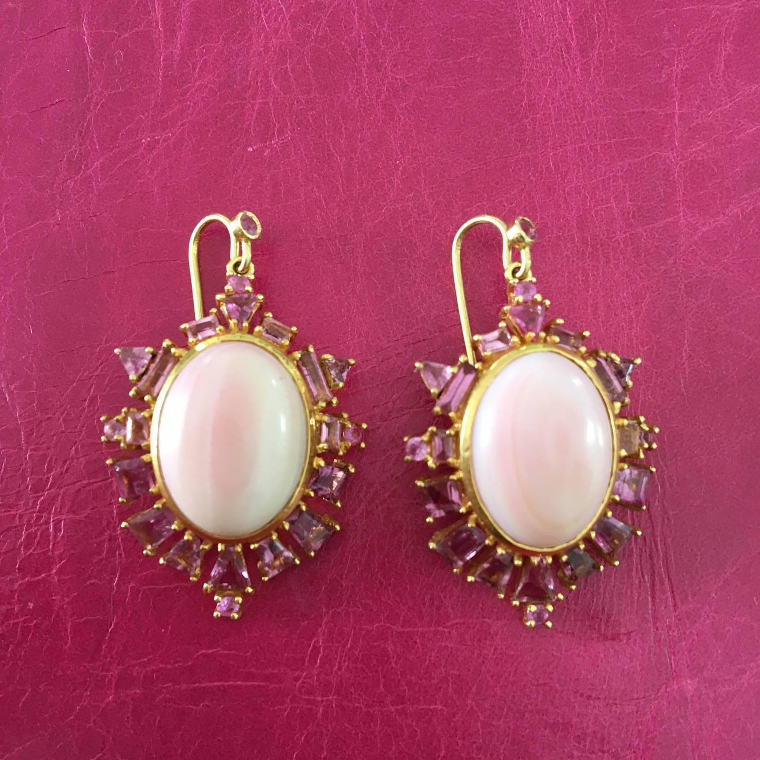 Modern Lauren Harper Collection Pink Coral, Pink Sapphire, Gold Statement Drop Earrings