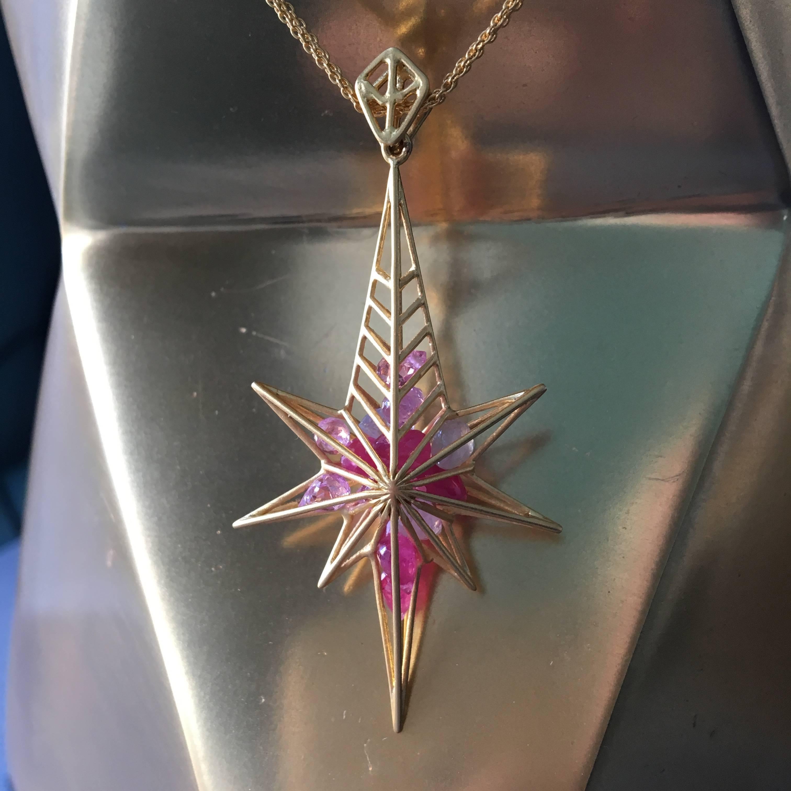 Contemporary Pink Sapphire in 18kt Gold Star Necklace on Gold Chains by Lauren Harper For Sale