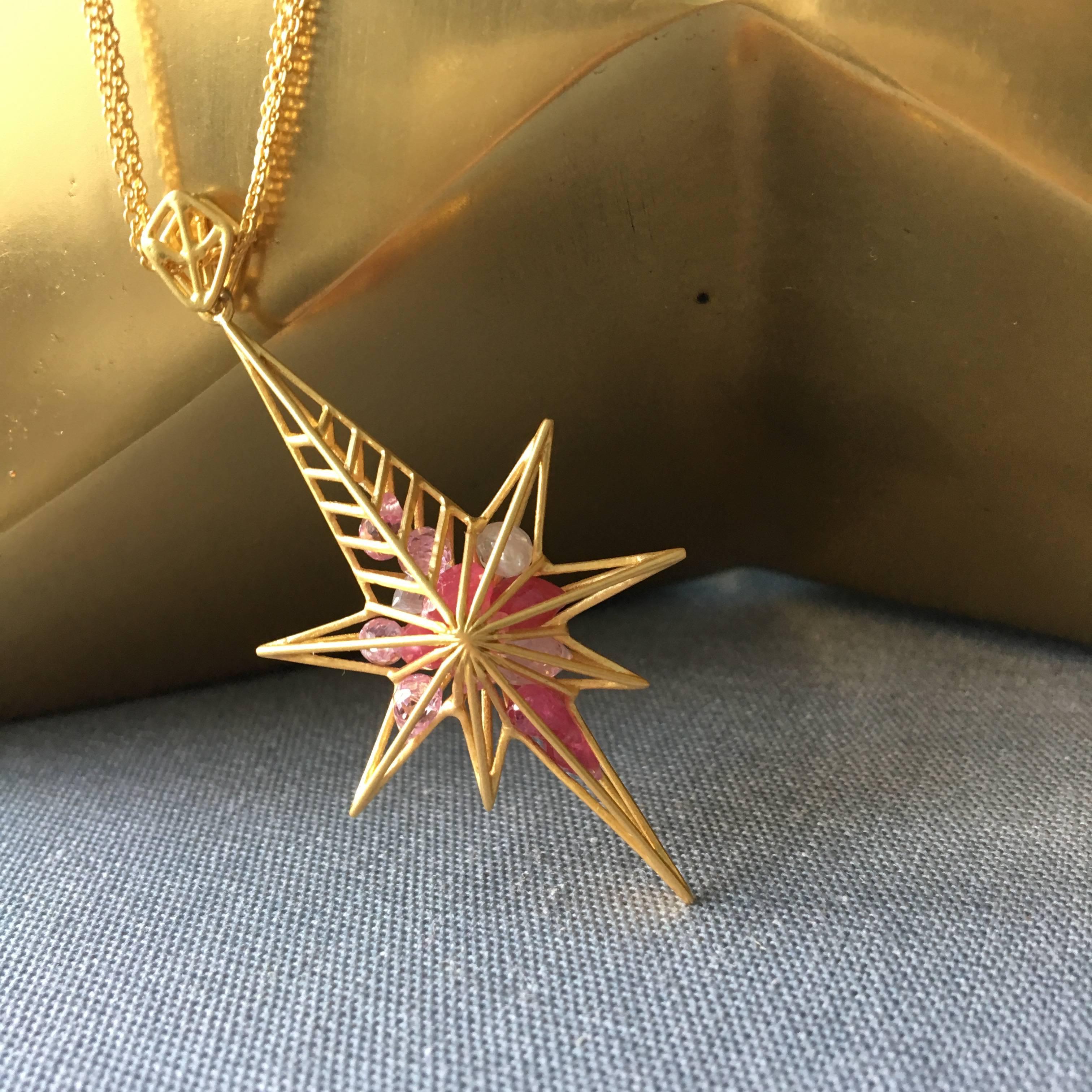 Briolette Cut Pink Sapphire in 18kt Gold Star Necklace on Gold Chains by Lauren Harper For Sale