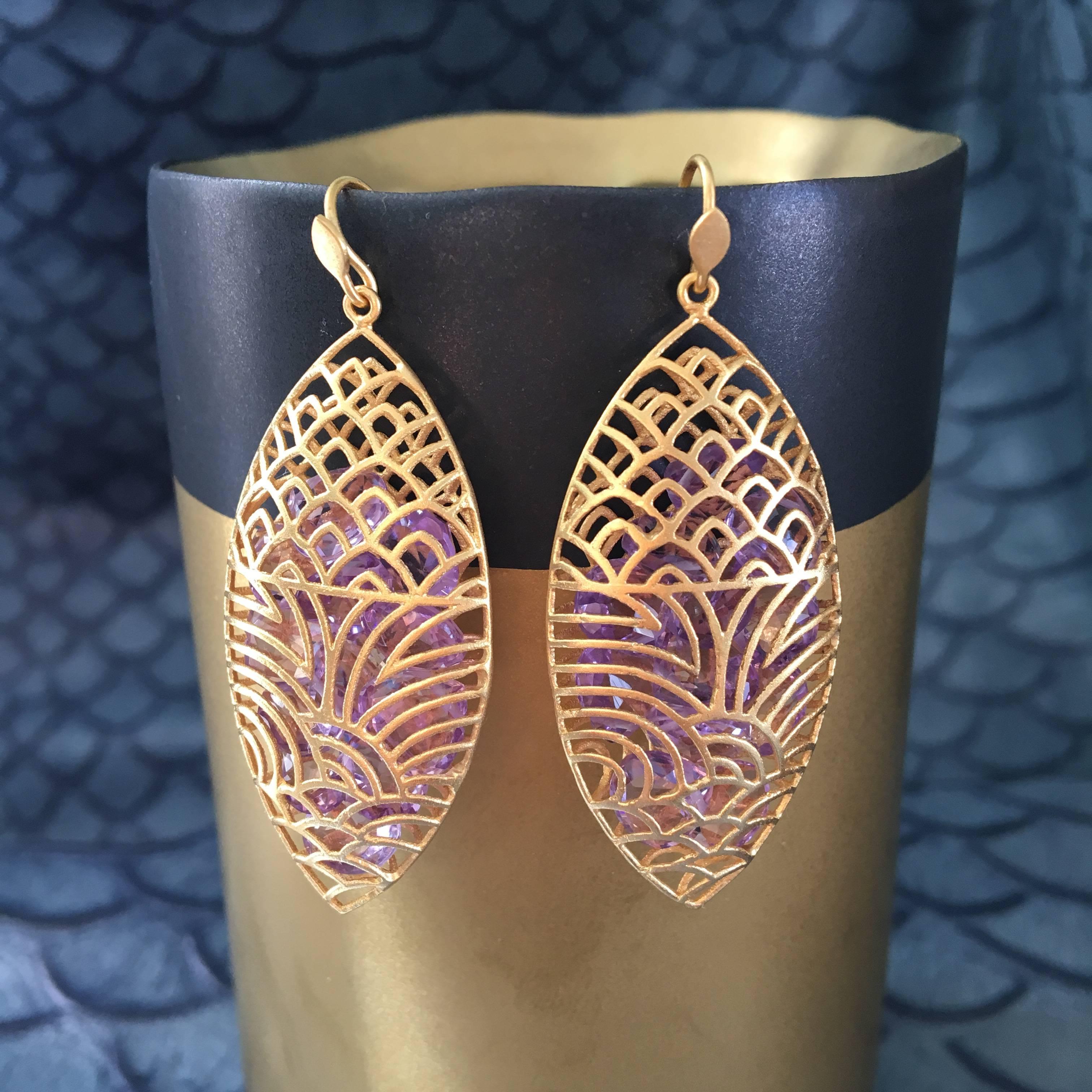 Contemporary Lauren Harper Amethyst Yellow Gold Marquis Statement Earrings For Sale