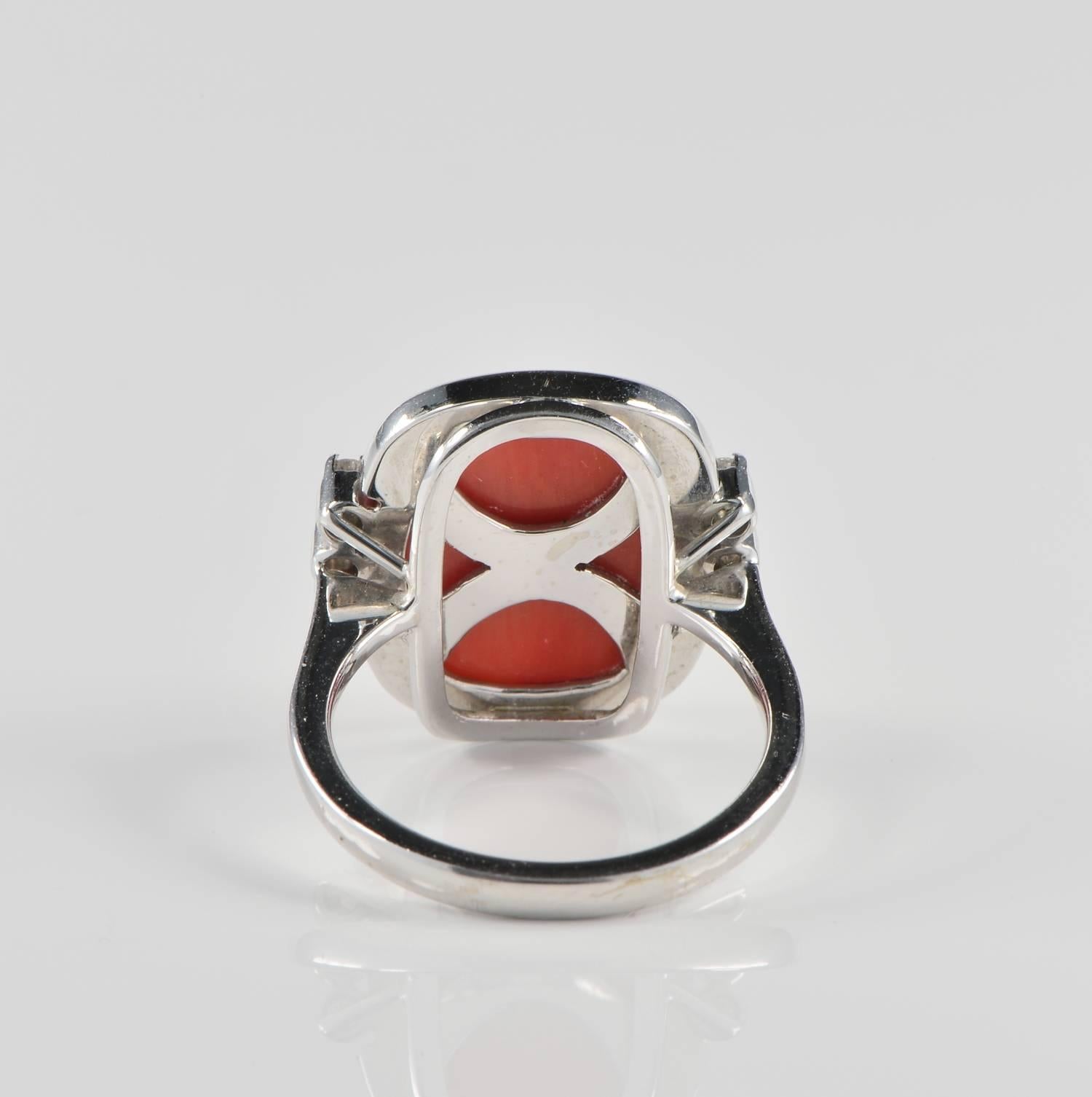 Contemporary Coral Cabochon and Diamond Ring For Sale