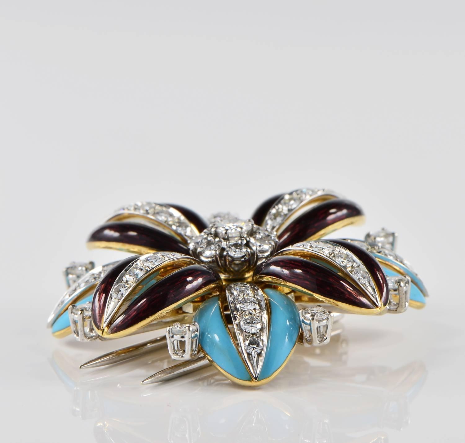 Diamond and Enamels Flower Brooch, circa 1950 For Sale 2