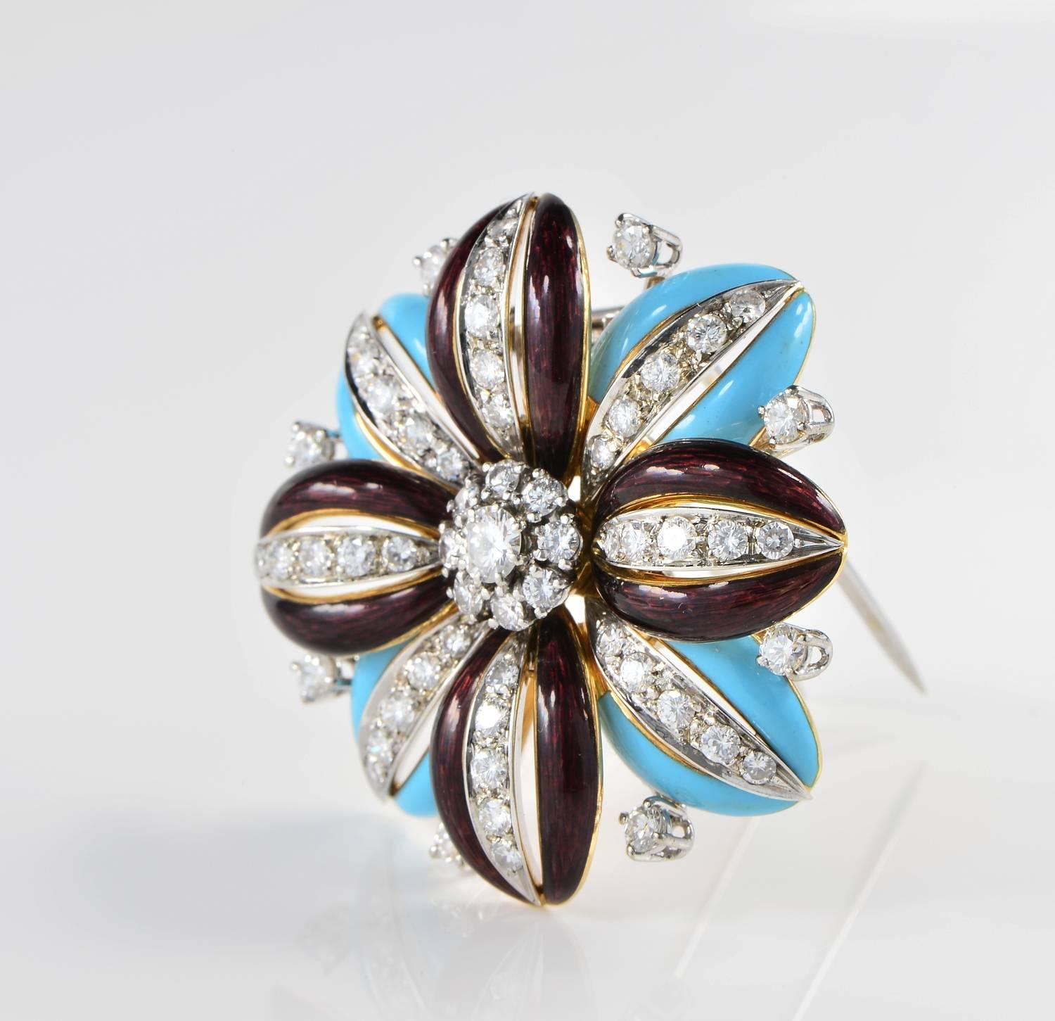 Contemporary Diamond and Enamels Flower Brooch, circa 1950 For Sale