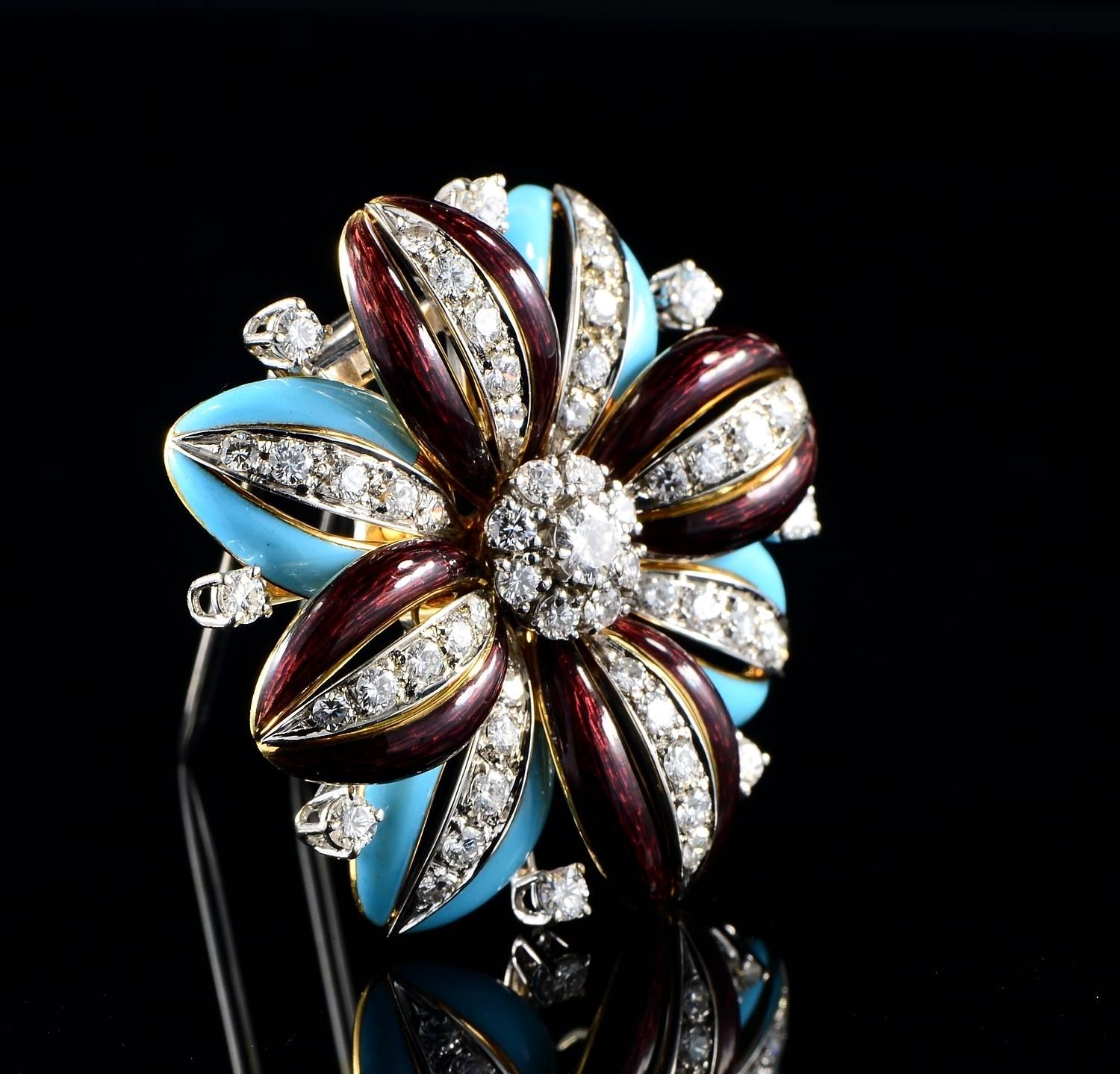 Diamond and Enamels Flower Brooch, circa 1950 For Sale 1