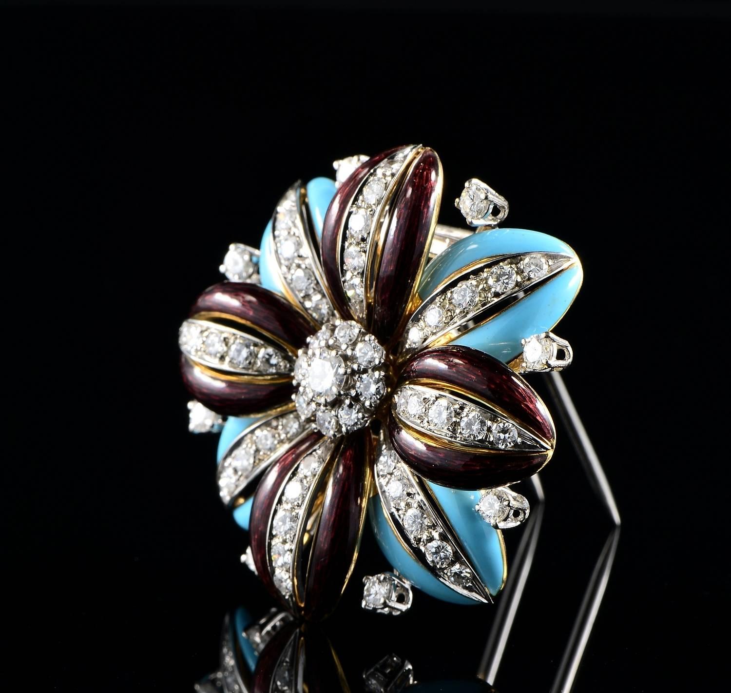 Diamond and Enamels Flower Brooch, circa 1950 In Excellent Condition For Sale In Napoli, IT