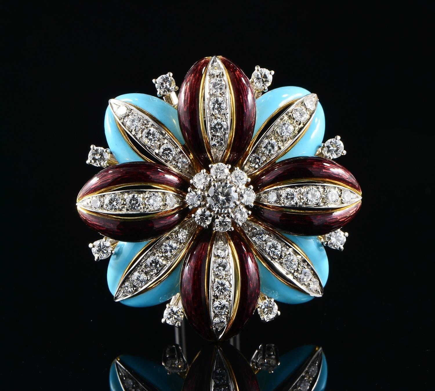 Large beautiful design flower boasting exquisite top quality past craftsmanship made of solid 18KT white and rose gold.
Three dimensional multipetals adorned by Turquoise and Aubergine colour enamelling work fully highlighetd by approx 2.95 CT CT of