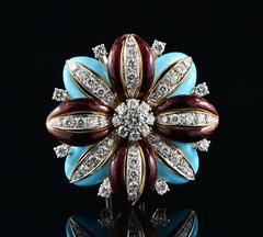 Diamond and Enamels Flower Brooch, circa 1950