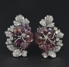 Carved Melon Tourmaline 3.10 Carat Diamond Rare Flower Earrings