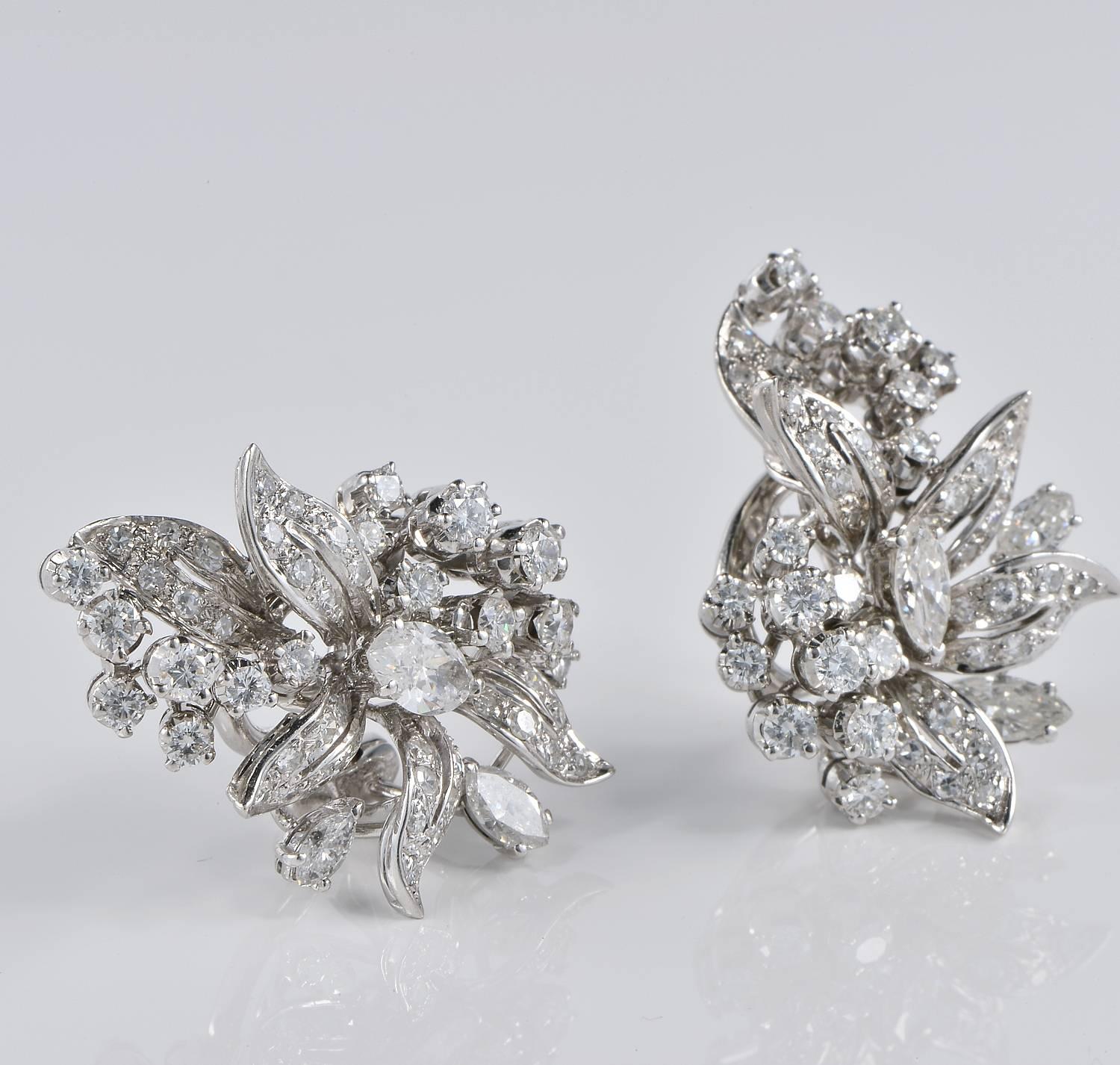 Glamorous pair of vintage Diamond earrings set with a fabulous selection of 5.0 Ct Diamond of various shape and cuts
Sophisticate Floral spray design so unique and appealing when worn
Hand crafted during 1950 ca of solid 18 KT white gold- Italian