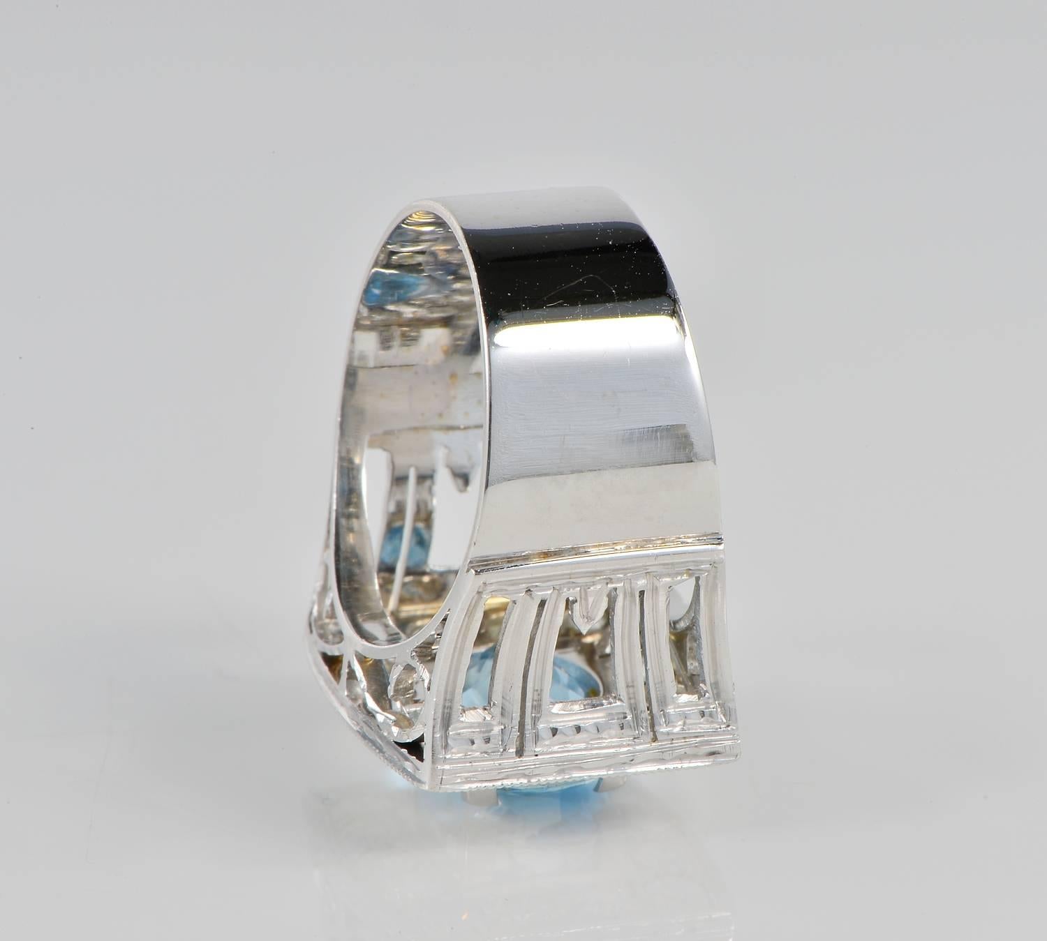 3.00 Carat Deep Blue Aquamarine 1.10 Carat Diamond Retro Ring 1