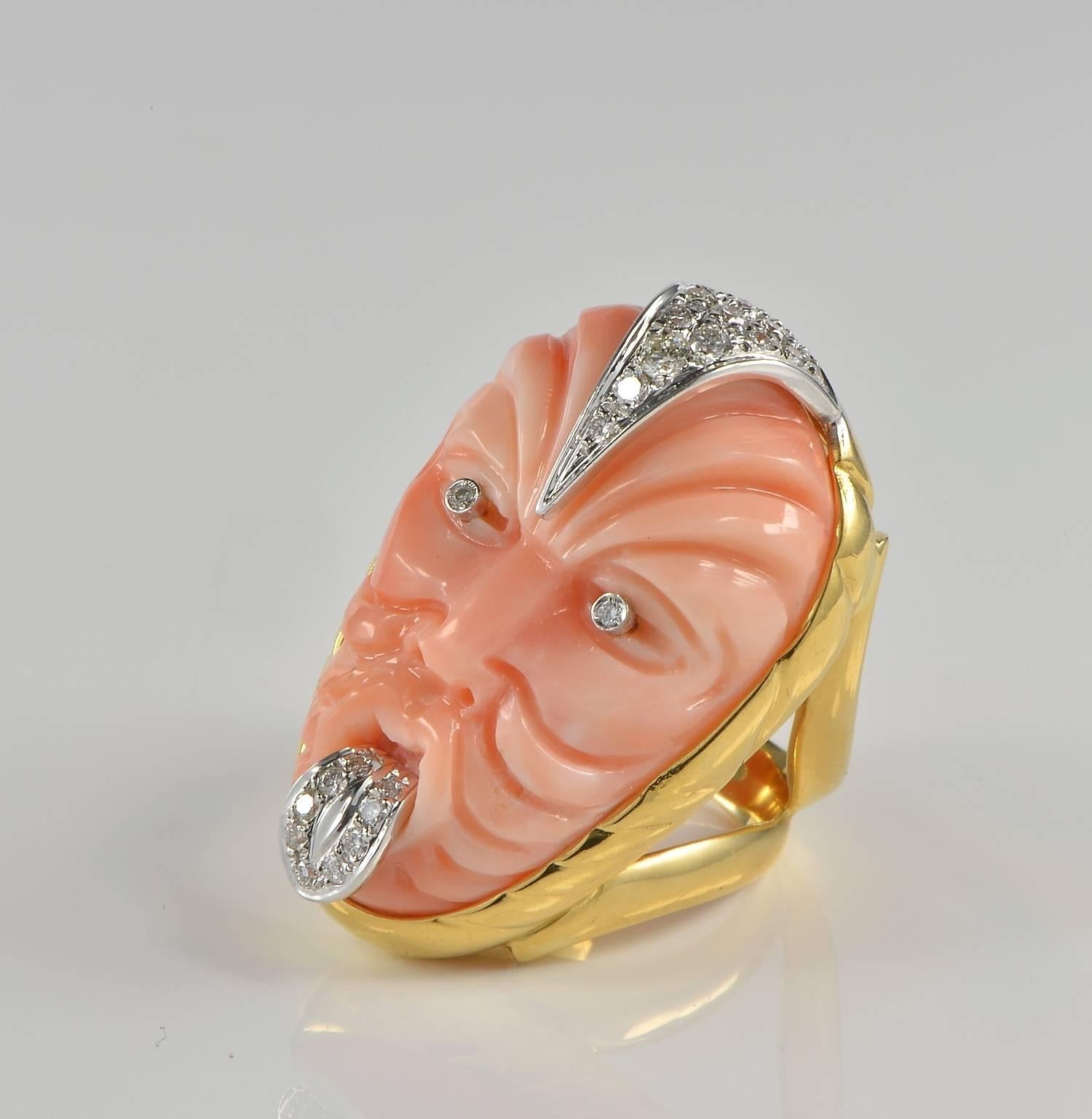 Contemporary Rare Coral Maori Mask Diamond Vintage Ring