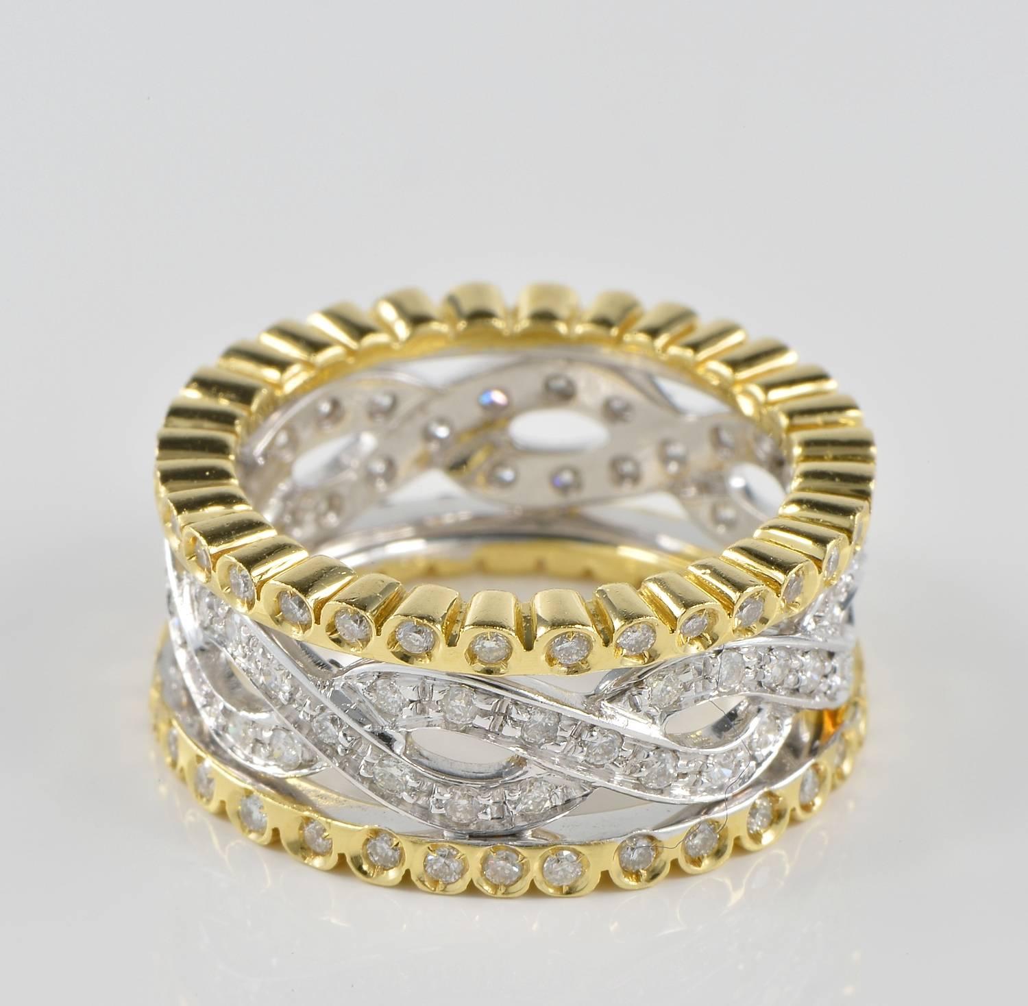 A substantially hand crafted of solid 18 Kt gold Italian origin eternity ring.
Wide, eye catching, distinctive and quite unique design symbolizing the eternity sign which stands as for ever.
Set with 132 brilliant cut Diamonds giving result and