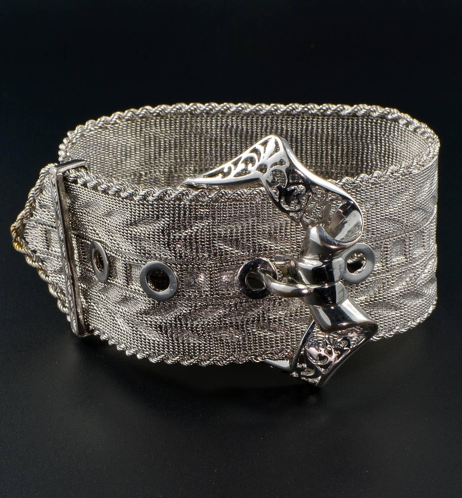 A Stunning example of antique buckle bracelet in quite unique mesh work, it dates 1925 ca.
Italian origin. Remarkable jumbo size and rare.
Beautiful workmanship of the past. 
It weighs 76.5 grams of 18 Kt white gold; measures 46 mm. x 32 mm. 
Very