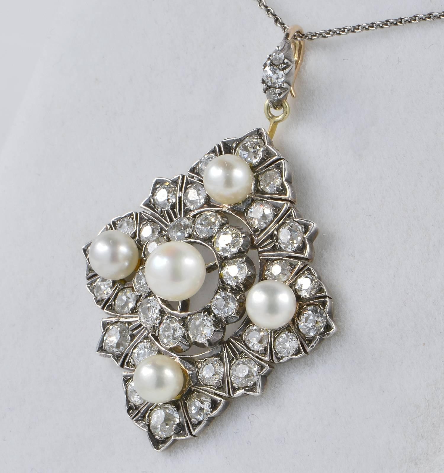 Victorian Natural Pearl 6.80 Carat Diamond Rare Pendant For Sale 1