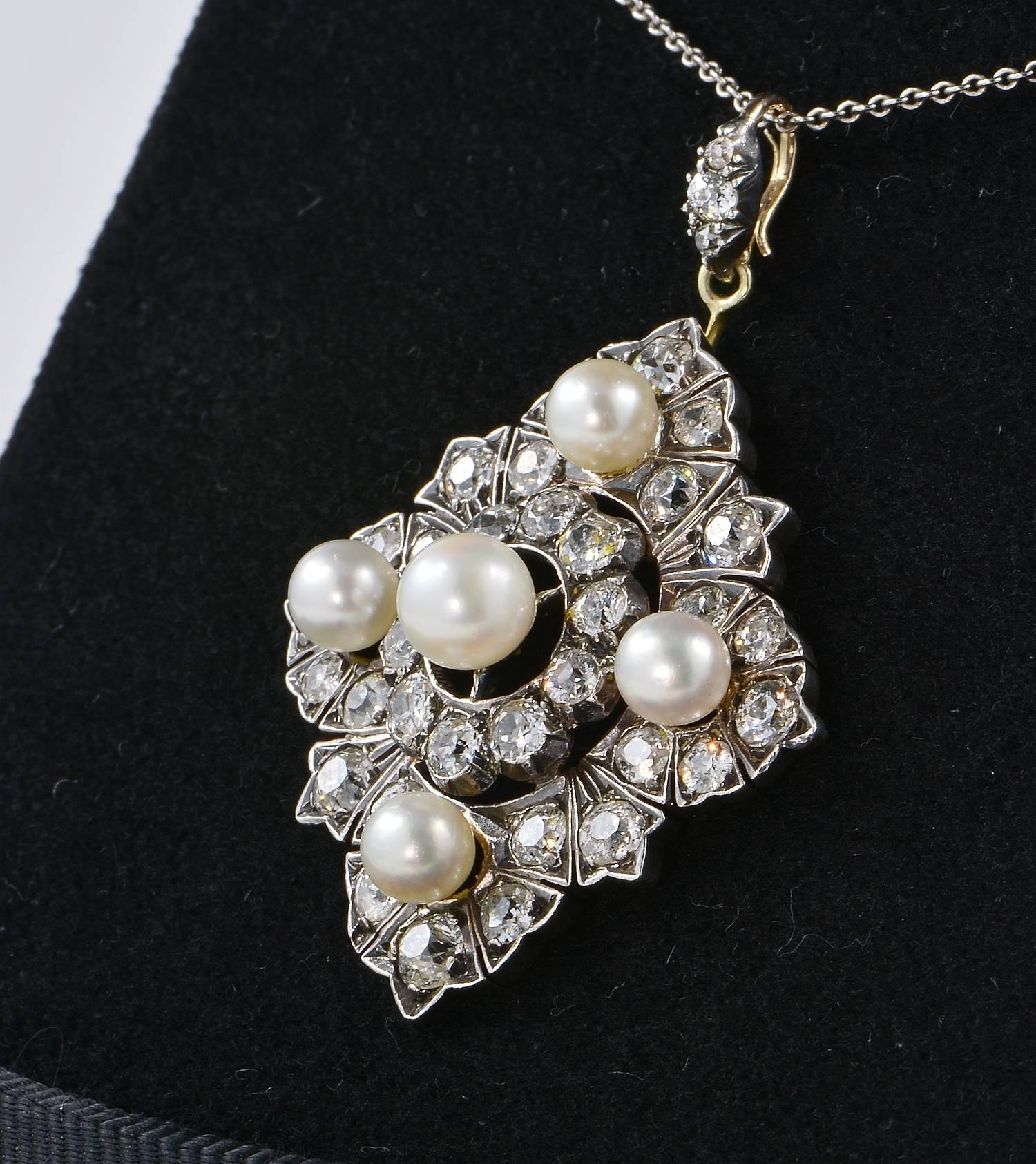 Women's Victorian Natural Pearl 6.80 Carat Diamond Rare Pendant For Sale