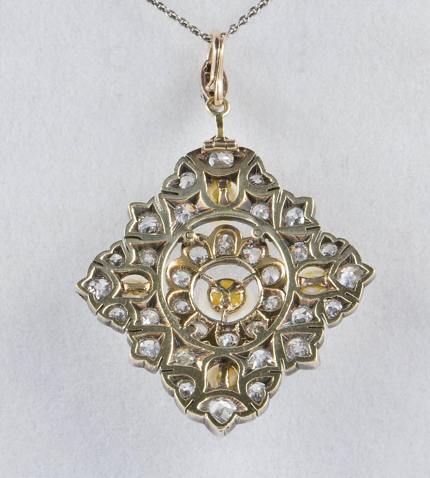 Victorian Natural Pearl 6.80 Carat Diamond Rare Pendant For Sale 2