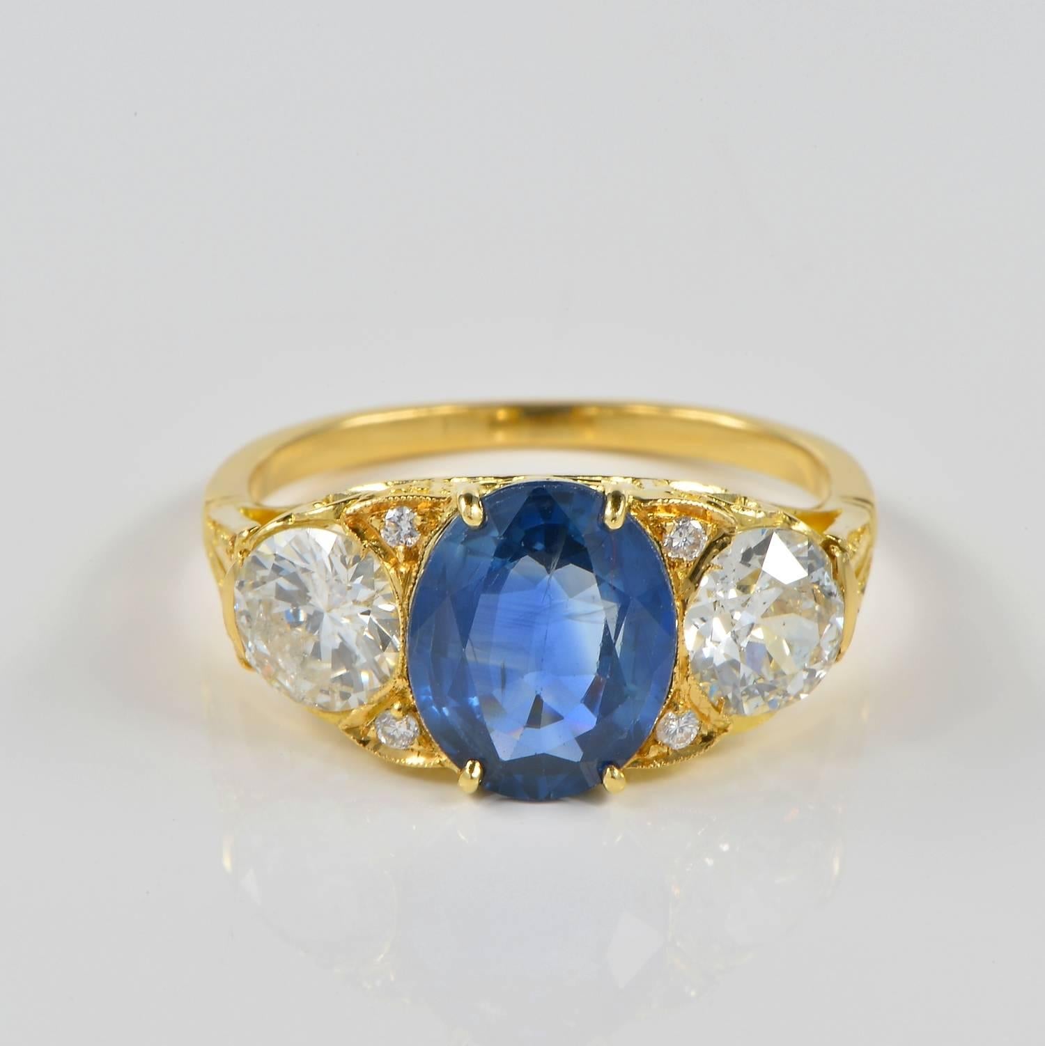 Old European Cut Victorian 2.60 Carat Natural No Heat Sapphire 1.40 Carat Diamond Trilogy Ring For Sale