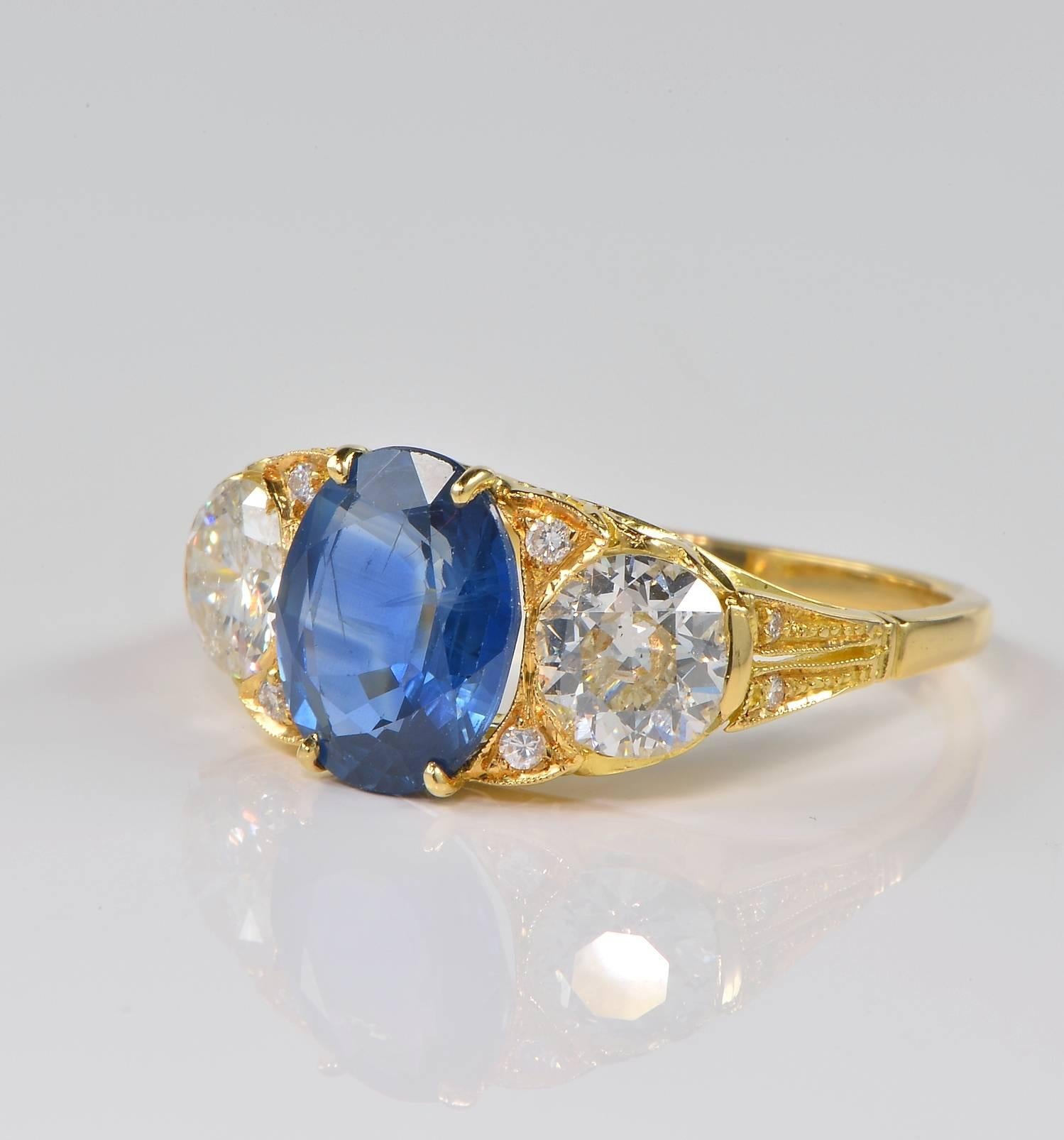 Victorian 2.60 Carat Natural No Heat Sapphire 1.40 Carat Diamond Trilogy Ring For Sale 1