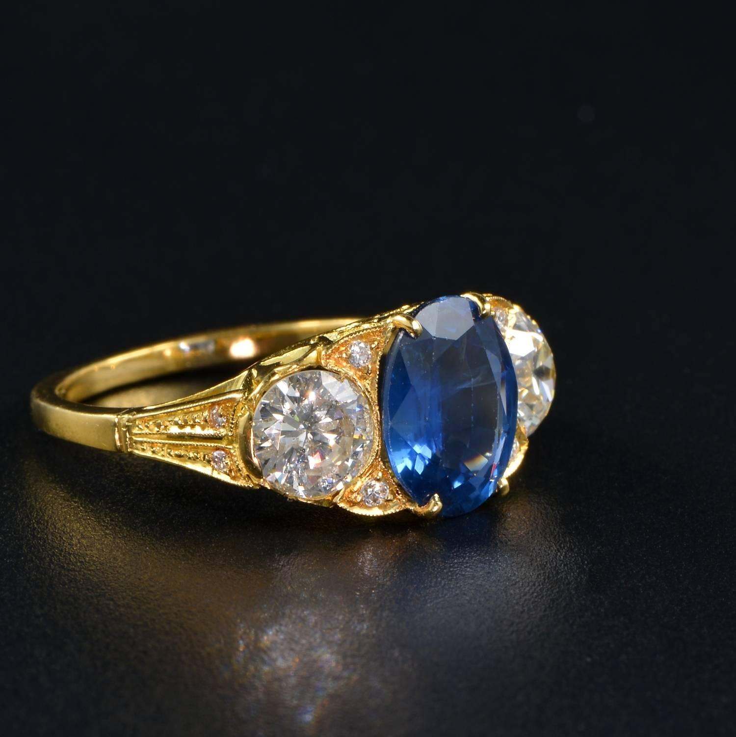 Women's Victorian 2.60 Carat Natural No Heat Sapphire 1.40 Carat Diamond Trilogy Ring For Sale