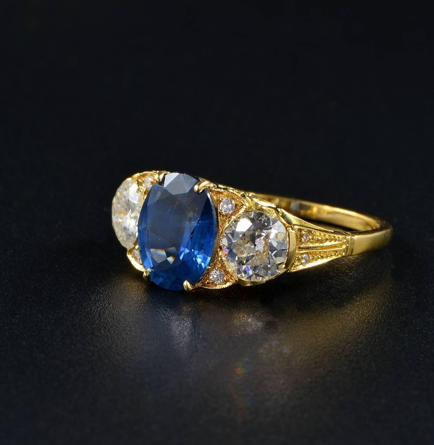 Victorian 2.60 Carat Natural No Heat Sapphire 1.40 Carat Diamond Trilogy Ring For Sale 2