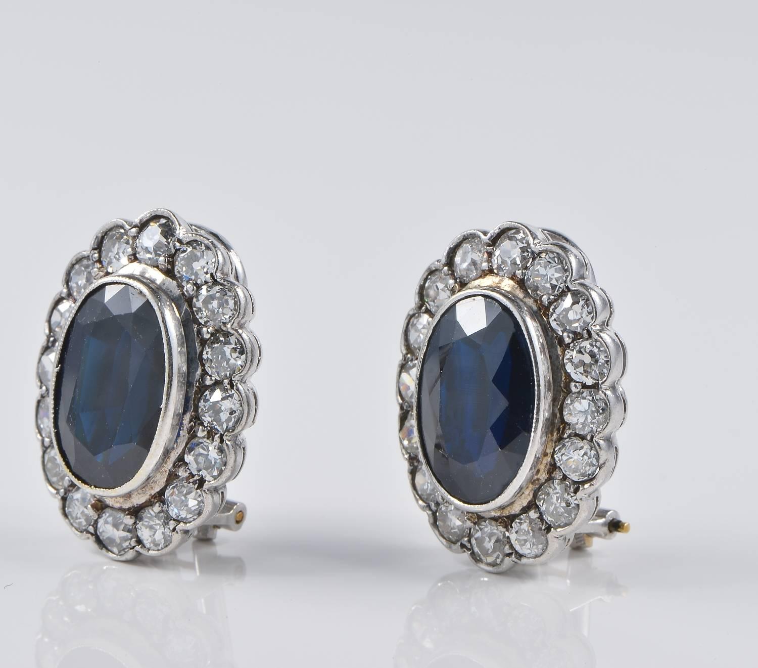 Art Deco Vintage 8.40 Carat Natural No Heat Sapphire and 2.60 Carat Diamond Earrings For Sale