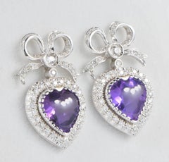 Heart Bow 20.0 Carat Amethyst 2.70 Carat Diamond Vintage Earrings