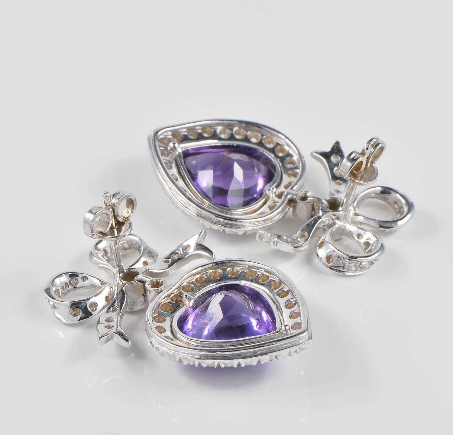 Heart Bow 20.0 Carat Amethyst 2.70 Carat Diamond Vintage Earrings In Excellent Condition For Sale In Napoli, IT