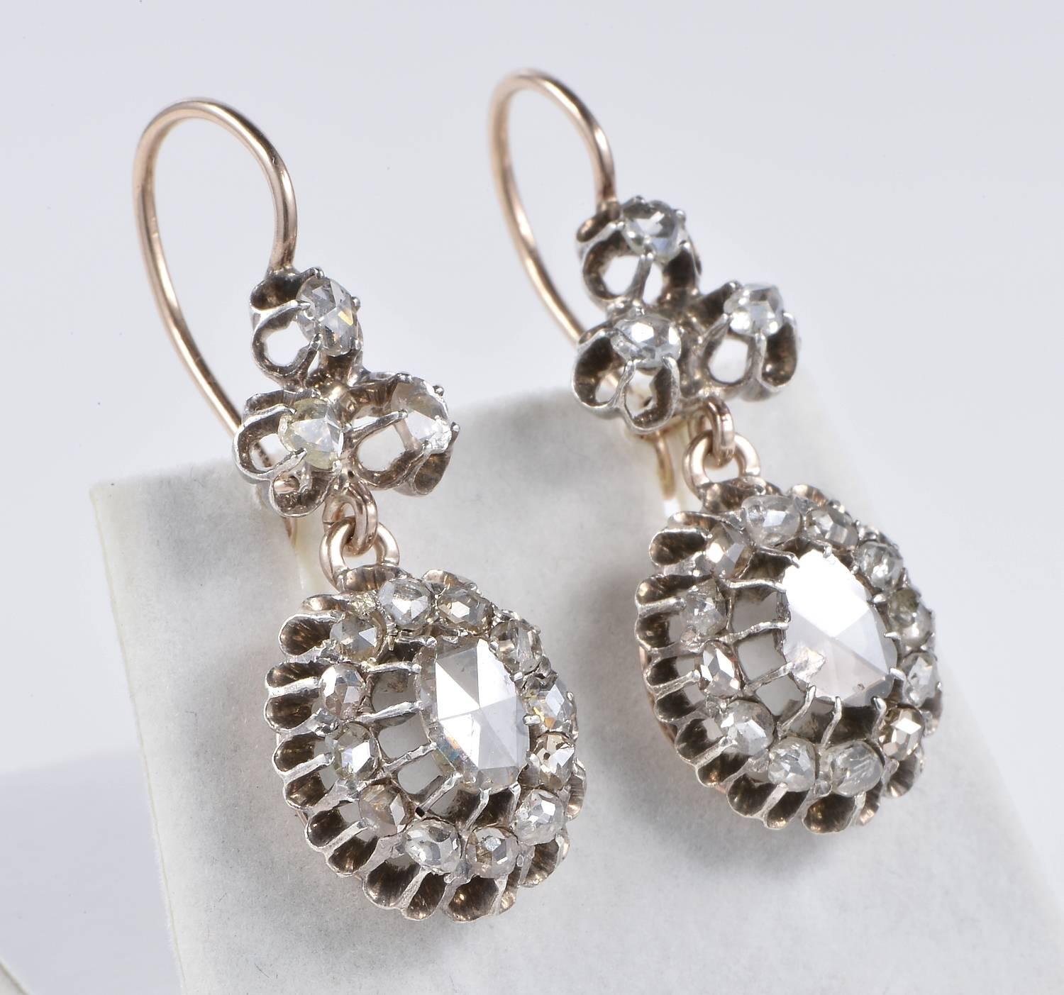 Women's 3.40 Carat Rose Cut Diamonds Rare Early Victorian Drop Earrings