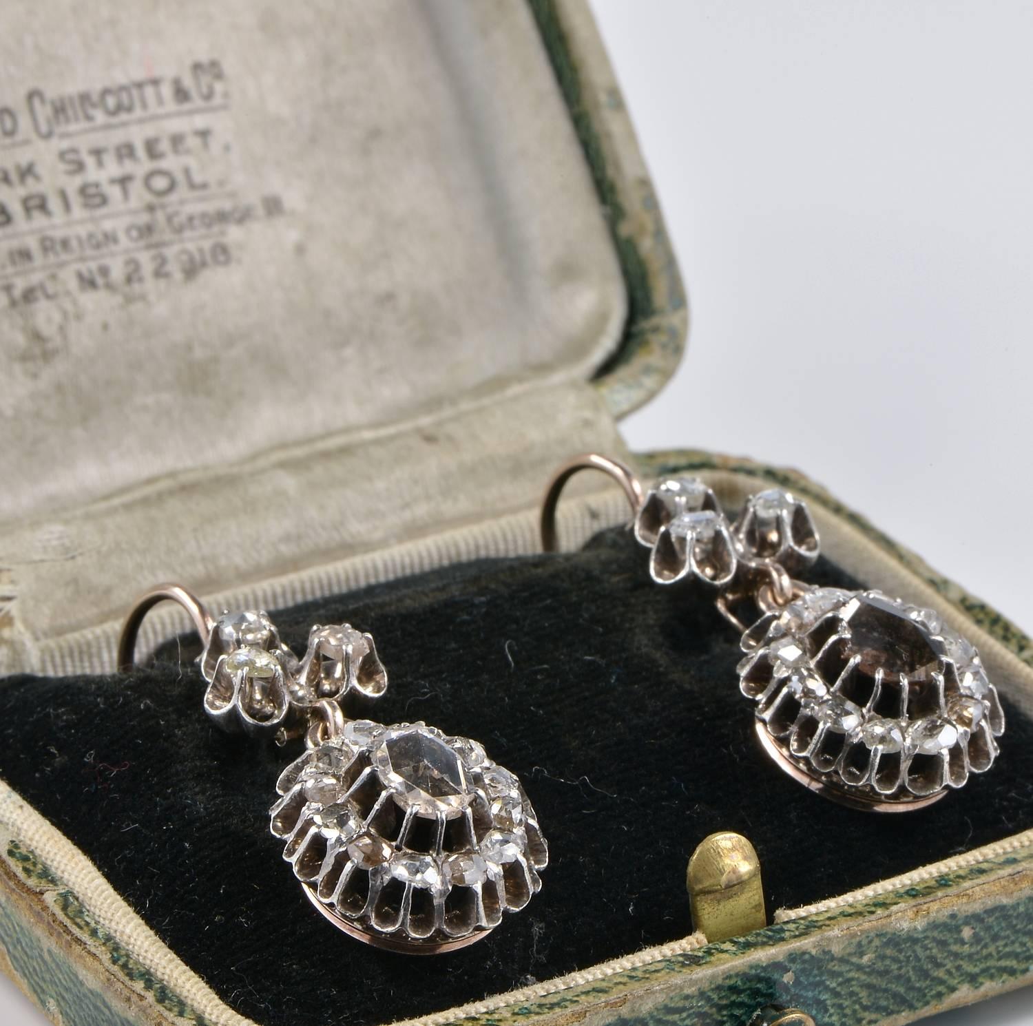 3.40 Carat Rose Cut Diamonds Rare Early Victorian Drop Earrings 1