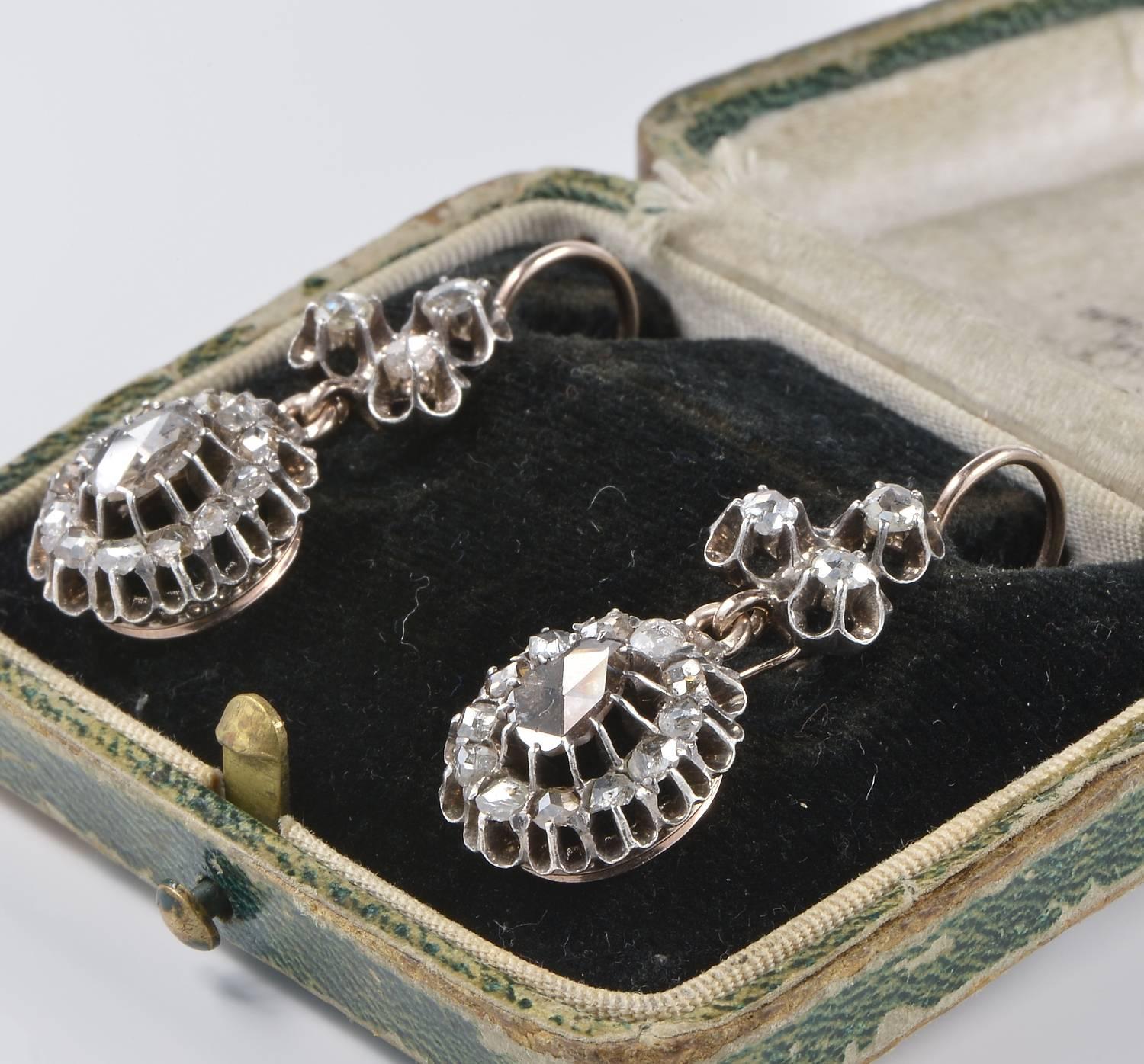 3.40 Carat Rose Cut Diamonds Rare Early Victorian Drop Earrings 2