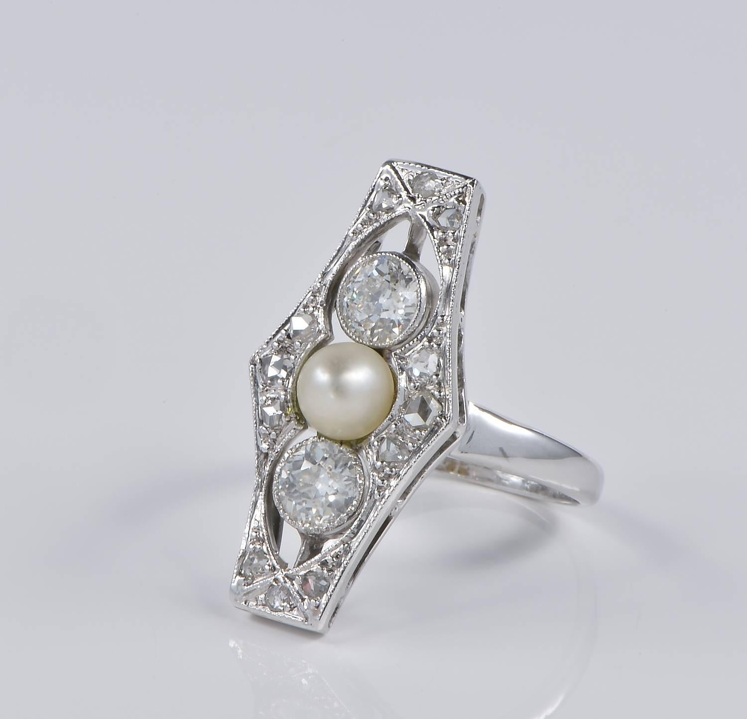 Belle Époque Belle Epoque Natural Pearl and Diamond Rare Panel Ring For Sale