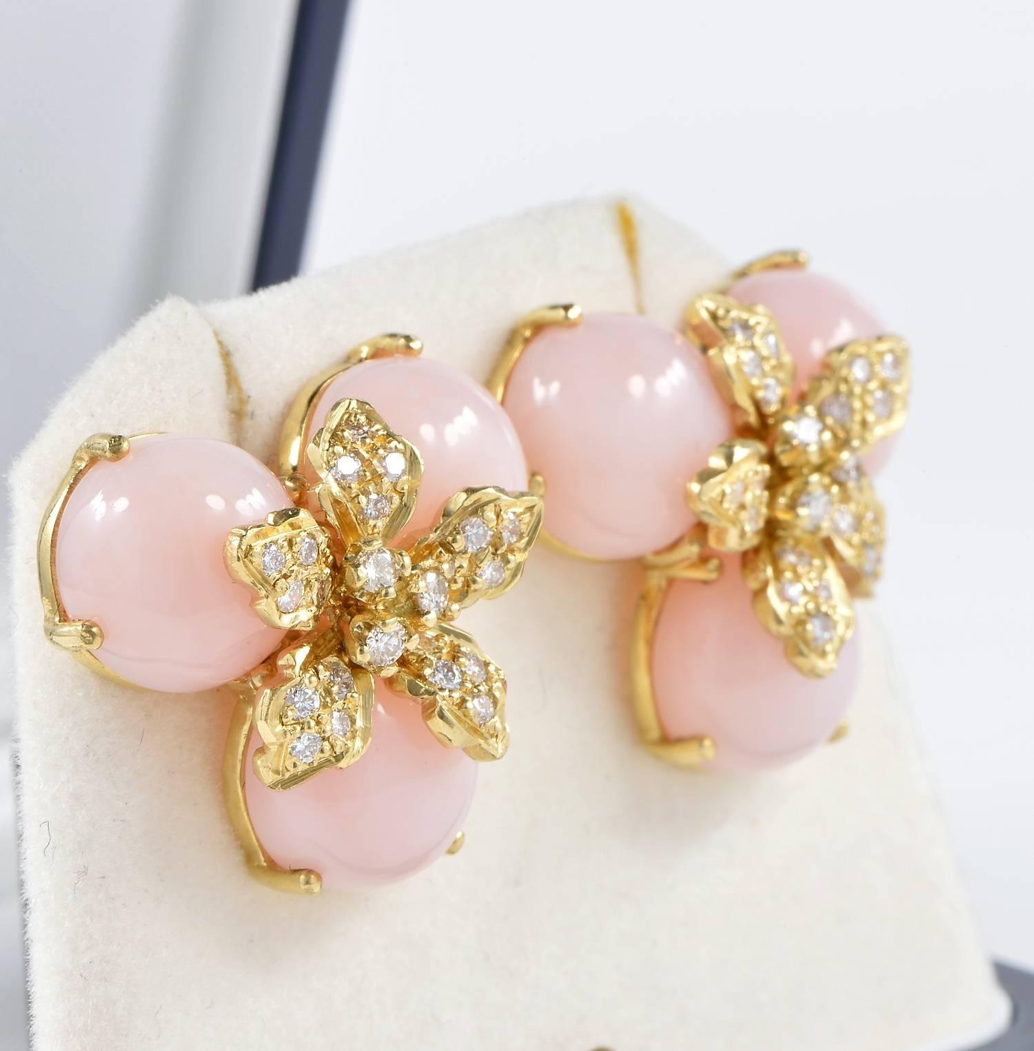 Contemporary Natural Pink Opal Diamond Tres Chic Vintage Earrings For Sale