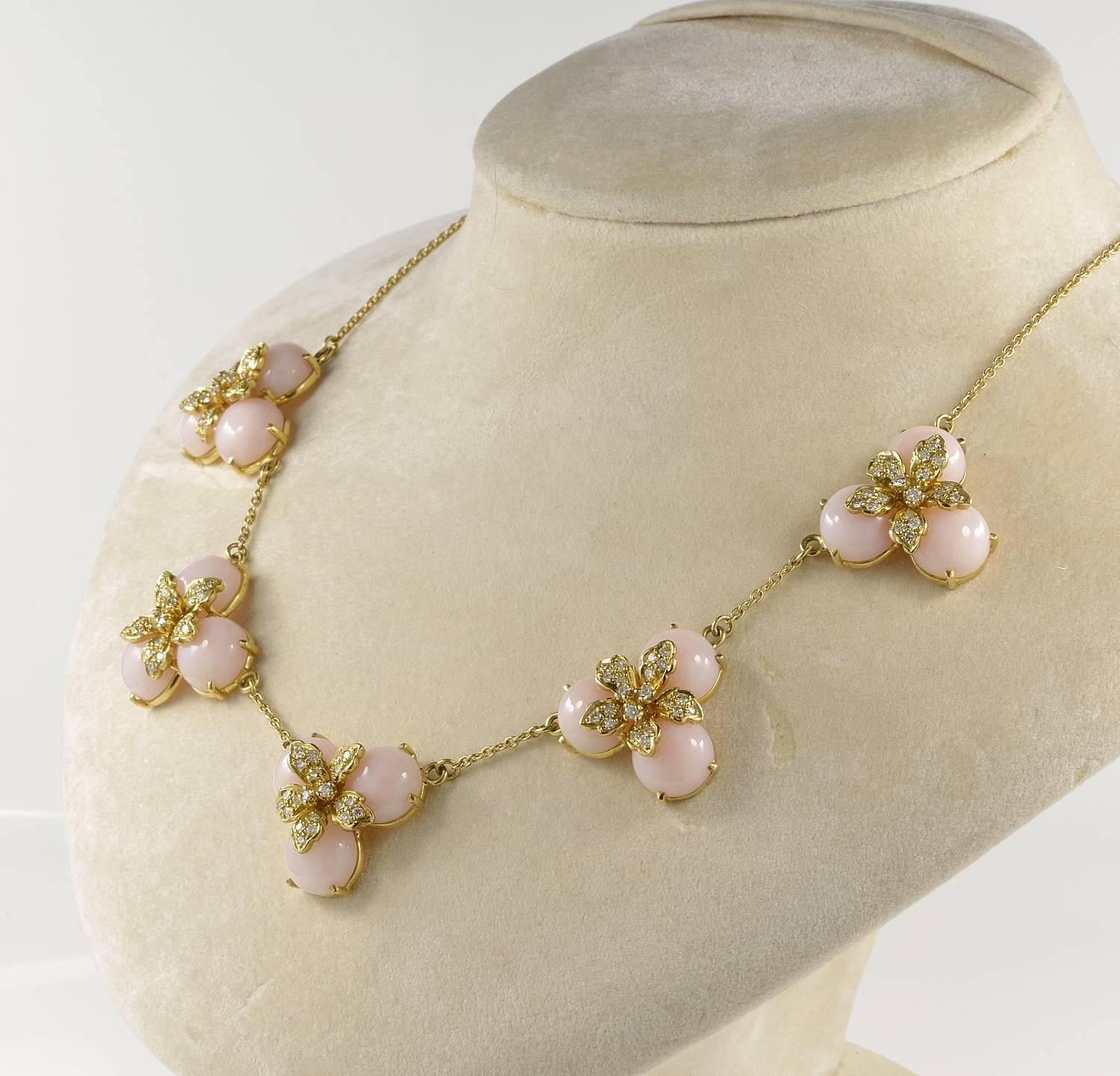 Pink Opal and Diamond Vintage Necklace For Sale 1