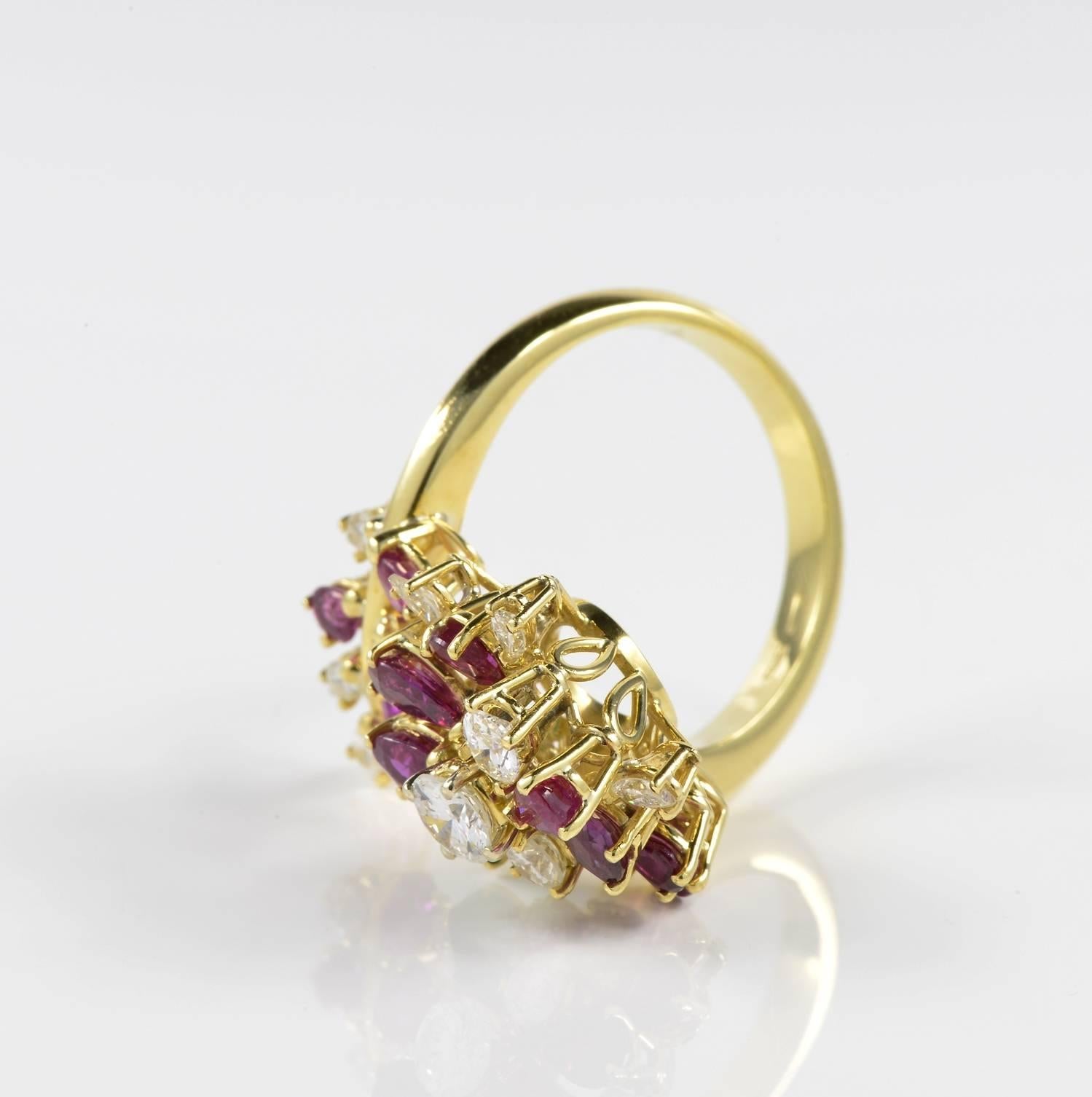 Contemporary Burmese Rubies Diamond Emerald Flower Vintage Cocktail Ring For Sale