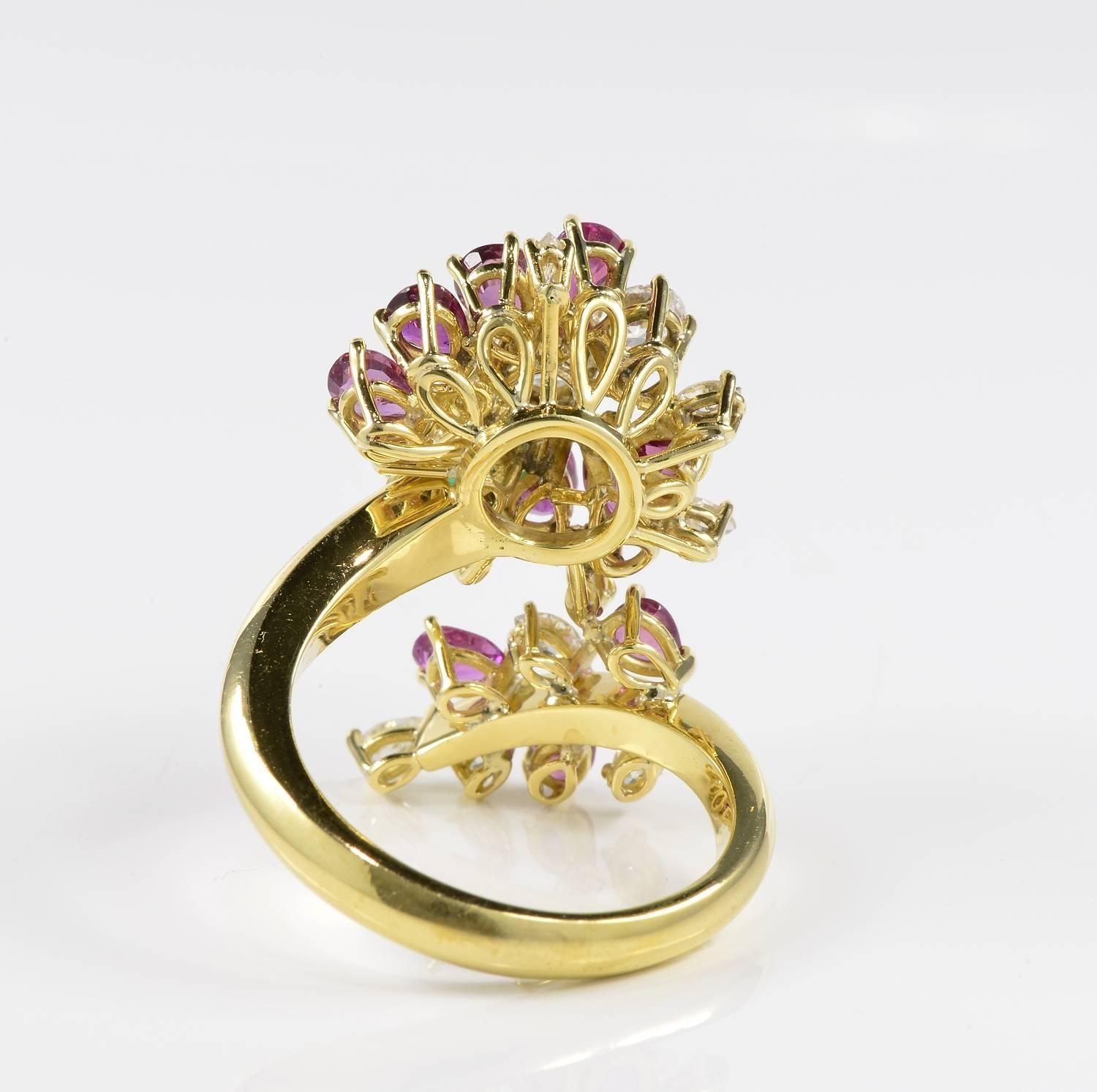 Women's Burmese Rubies Diamond Emerald Flower Vintage Cocktail Ring For Sale