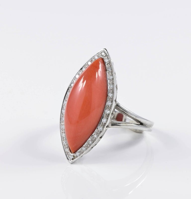 Sardinia Red Coral and Diamond Vintage Natural Coral Ring at 1stDibs