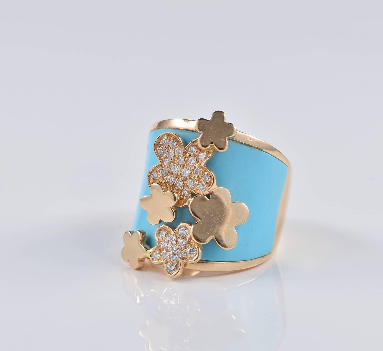 Contemporary Magnificent Carved Turquoise Diamond Italian Design Ring For Sale