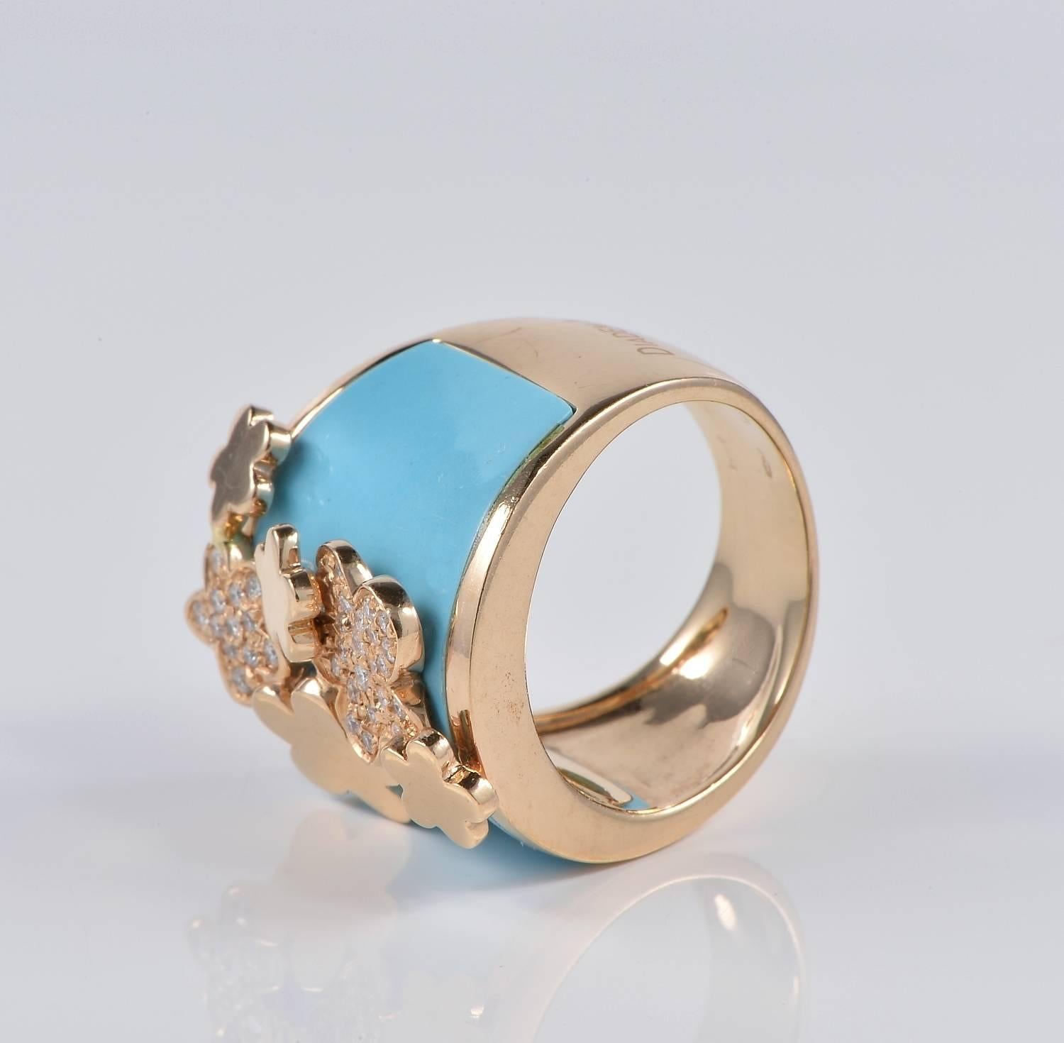 Women's Magnificent Carved Turquoise Diamond Italian Design Ring For Sale