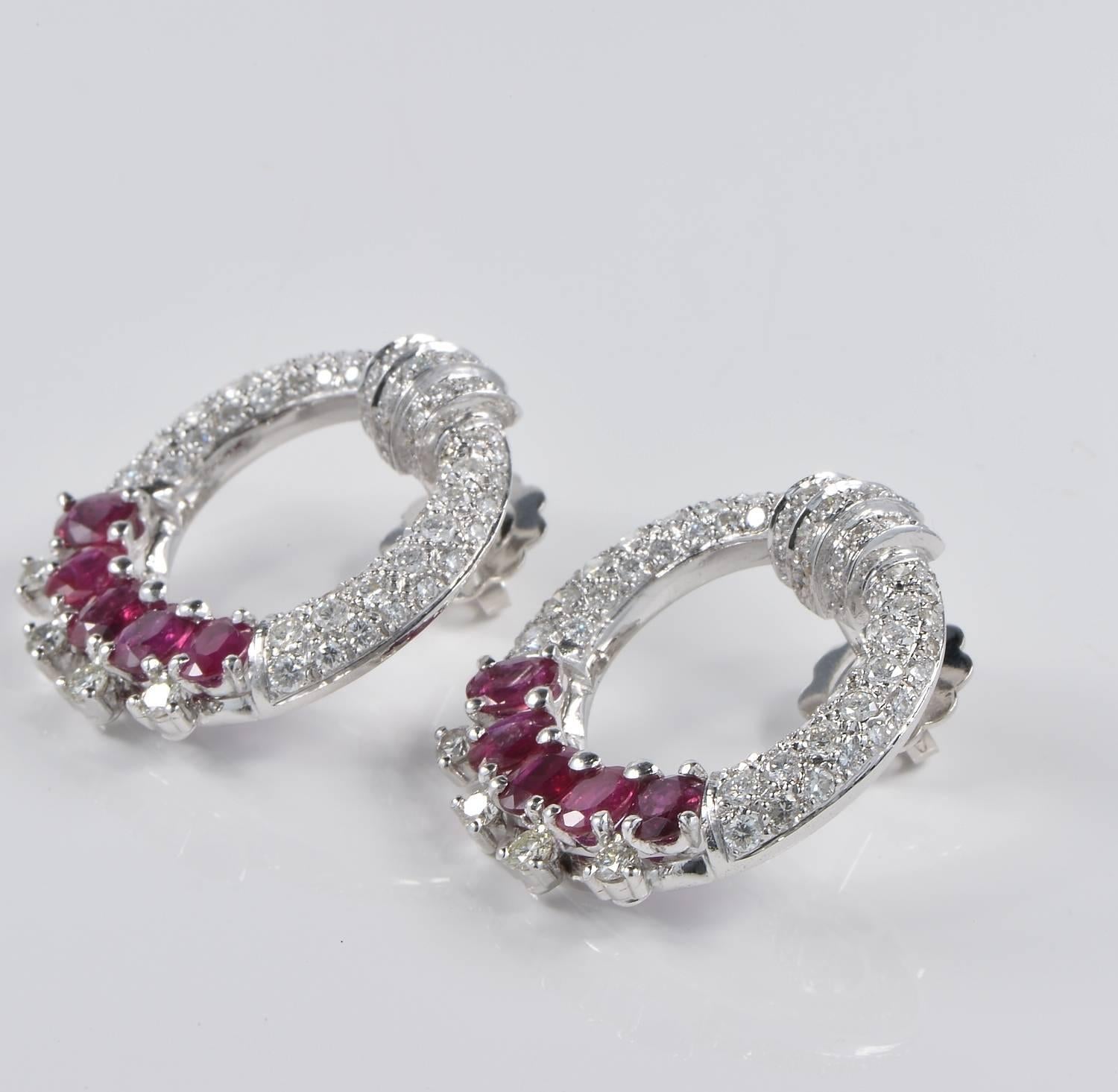 Women's Spectacular Ruby and Diamond Vintage Hoop Earrings For Sale