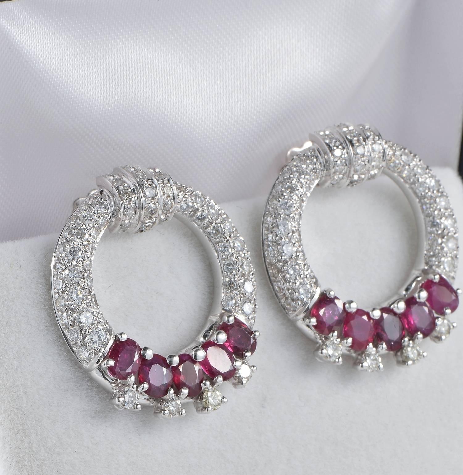 Spectacular Ruby and Diamond Vintage Hoop Earrings For Sale 1