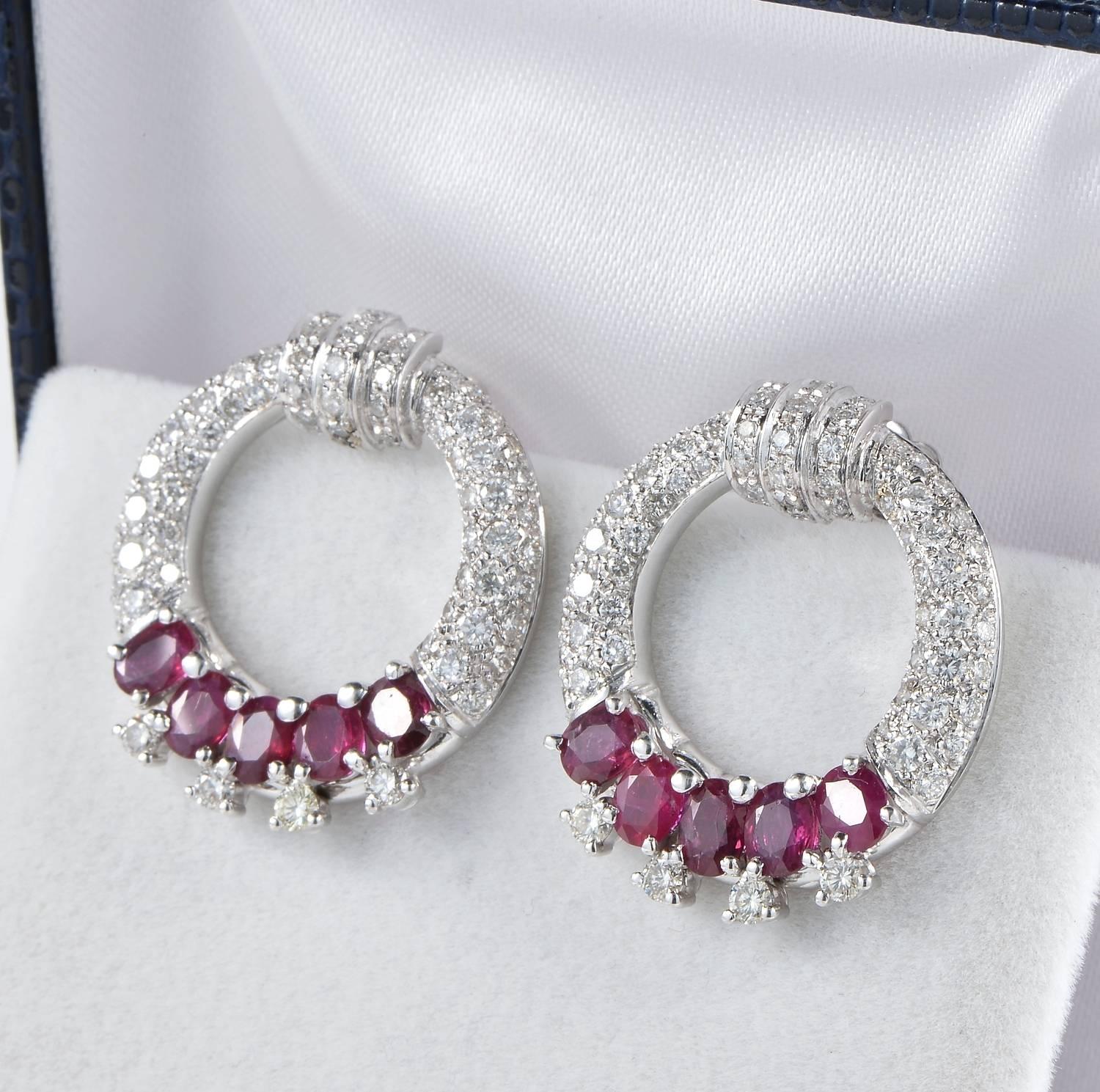 Contemporary Spectacular Ruby and Diamond Vintage Hoop Earrings For Sale