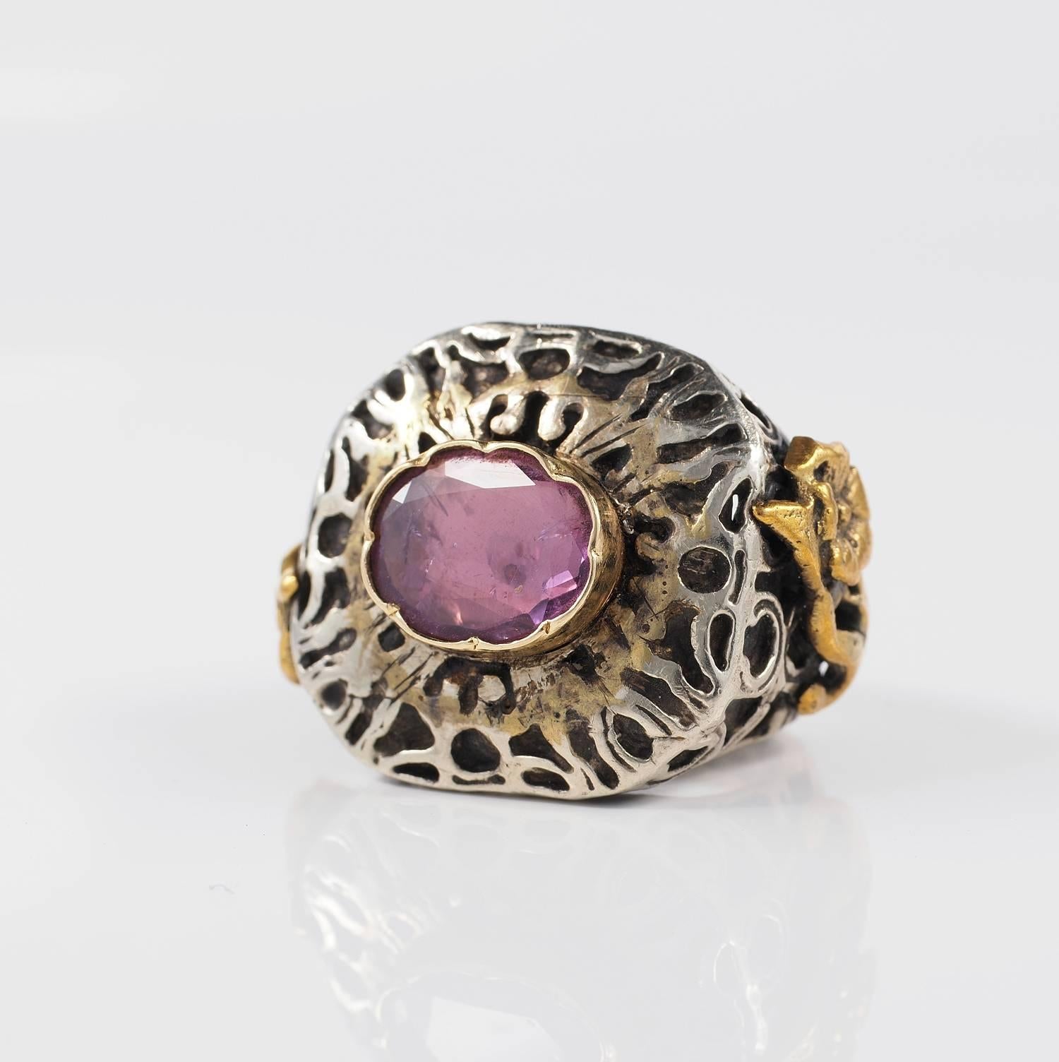 Fabulous rare find! 16th century to design expressing the fashion in vogue at that time.
Hand  crafted of solid silver and 16 KT gold tested. Italian origin.
Boasting a flat cut natural - not treated Ruby of light colour hue approx 3.50 Ct.
Fine