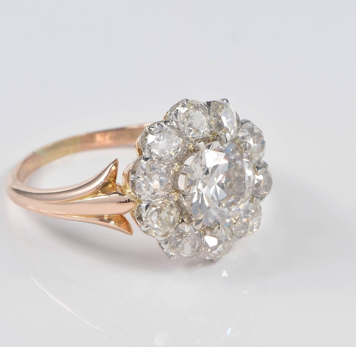 Bright your eyes with this stunning Edwardian era Diamond cluster ring!
Authentic from 1900 ca- outstanding mounting hand crafted of 18 KT rose gold and Platinum, possibly French having hallmarks quite worn to read due to age
Impressive Diamond