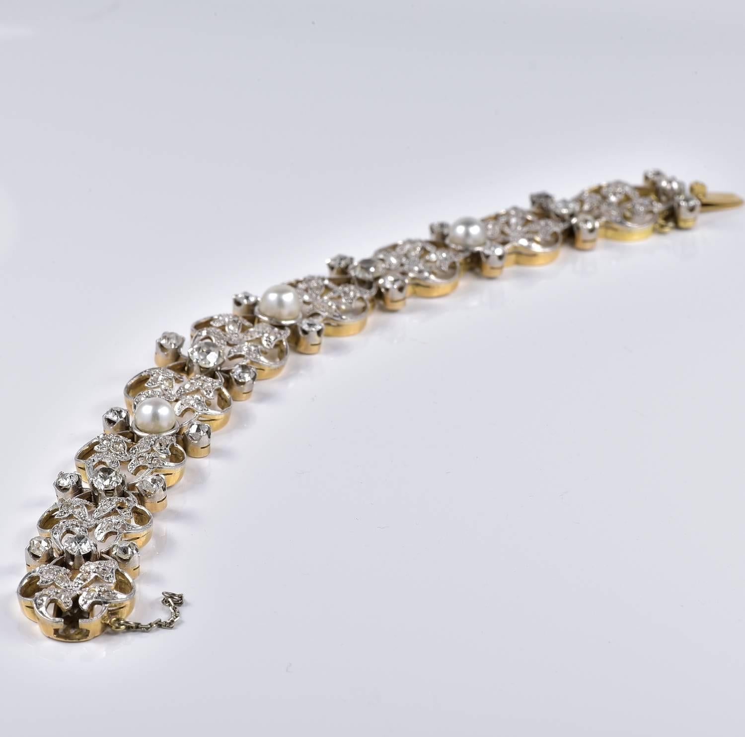 Art Nouveau 9.50 Carat Diamond Natural Pearls Rare Bracelet For Sale 1