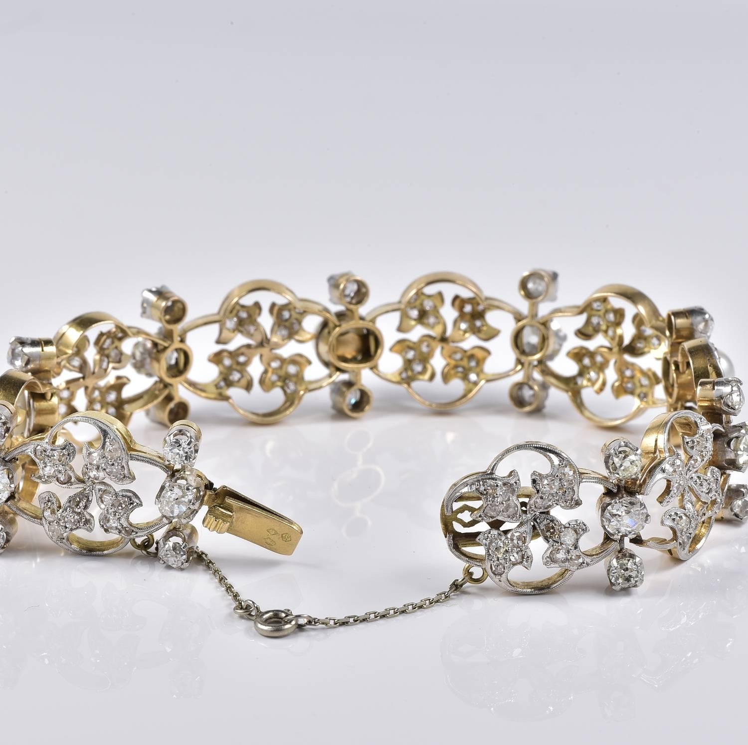 Art Nouveau 9.50 Carat Diamond Natural Pearls Rare Bracelet For Sale 2