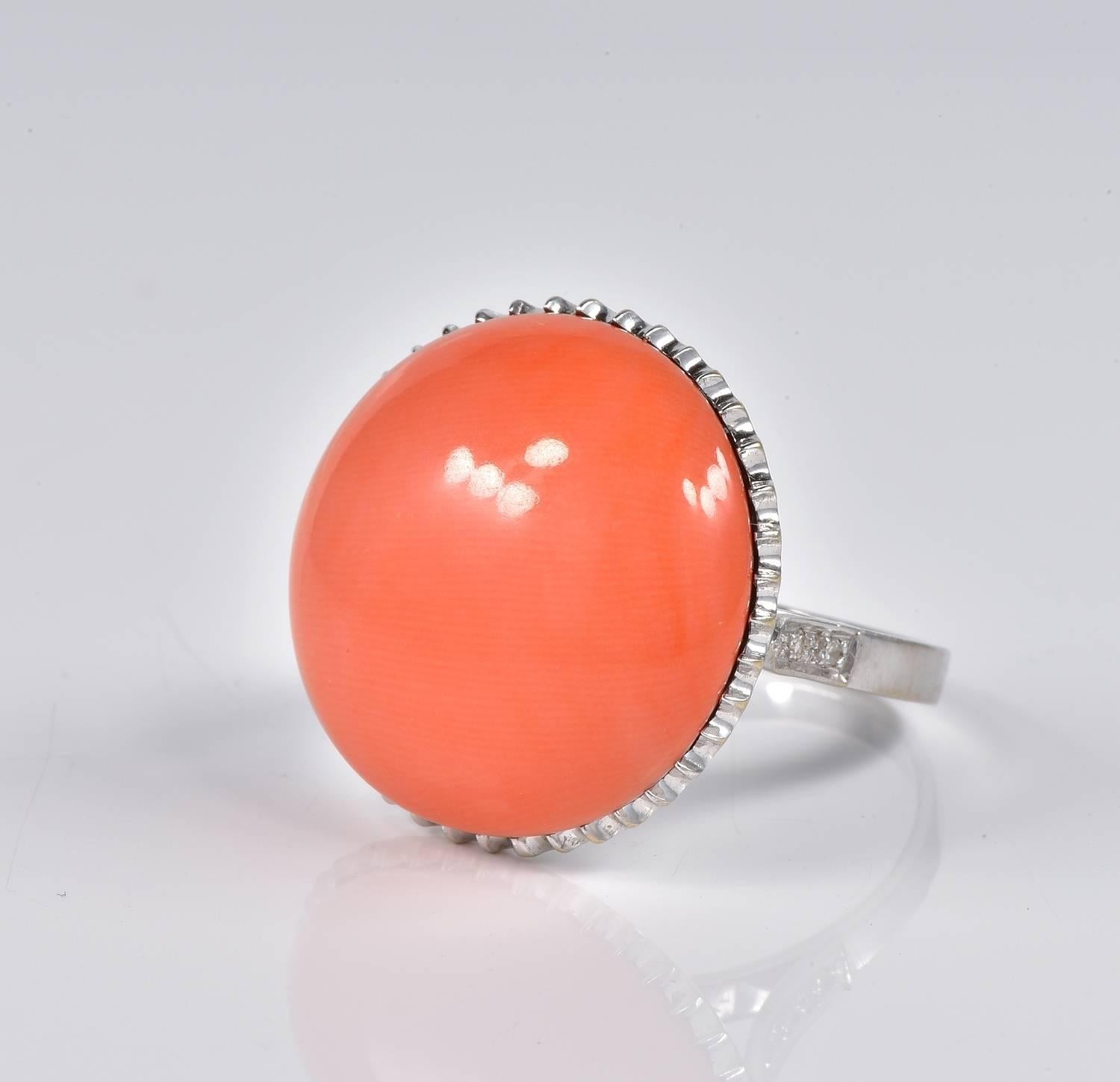 Contemporary Oversized Natural Salmon Coral Diamond Solitaire Ring For Sale