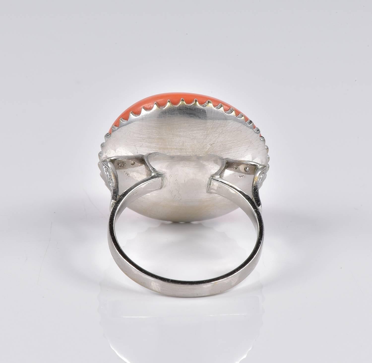 Women's Oversized Natural Salmon Coral Diamond Solitaire Ring For Sale