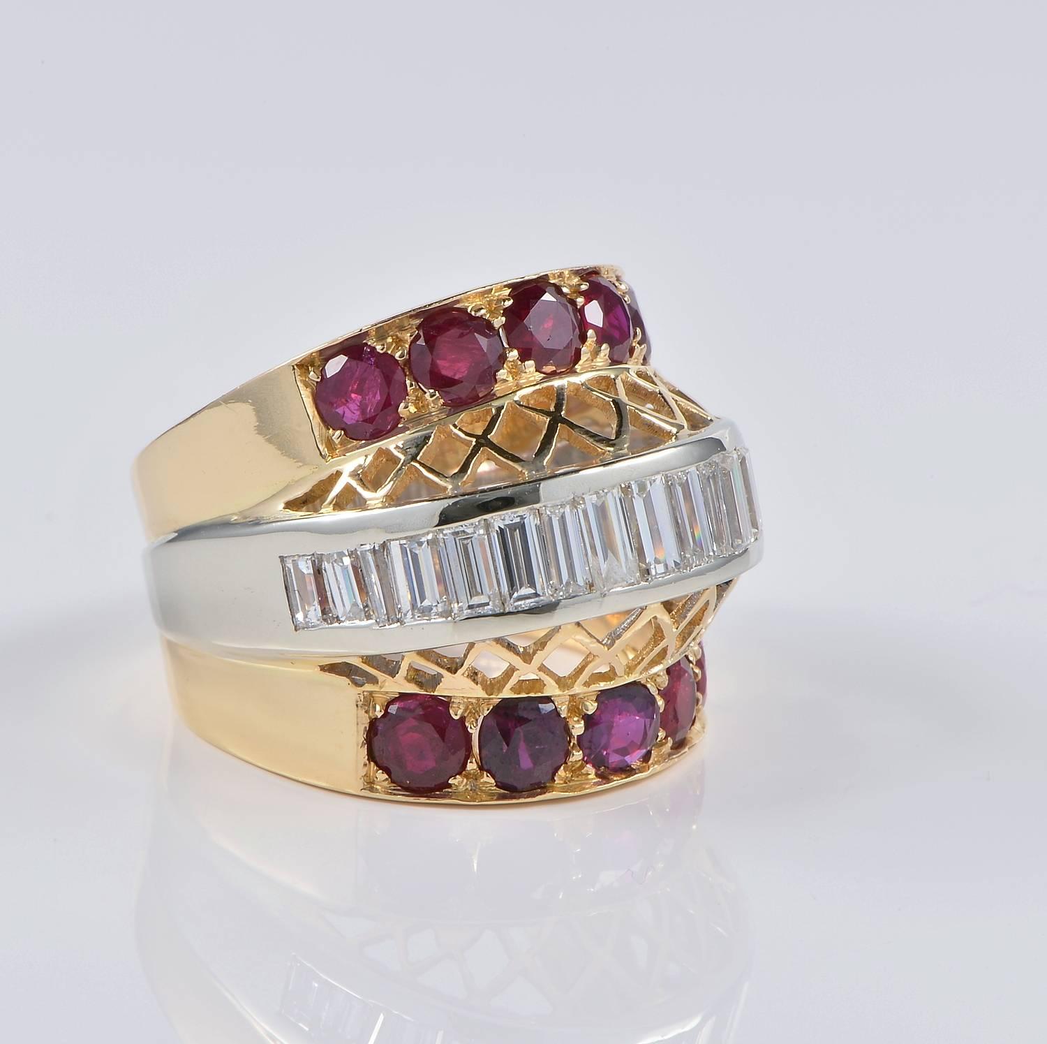 An impressive and unique Retro ring dating 1945 ca
Striking, bold and so wearable, expression of everlasting fashion. Will attract for the one off design and opulence of shimmering Diamonds and Red sensual Rubies
Superbly hand crafted of solid 18 Kt