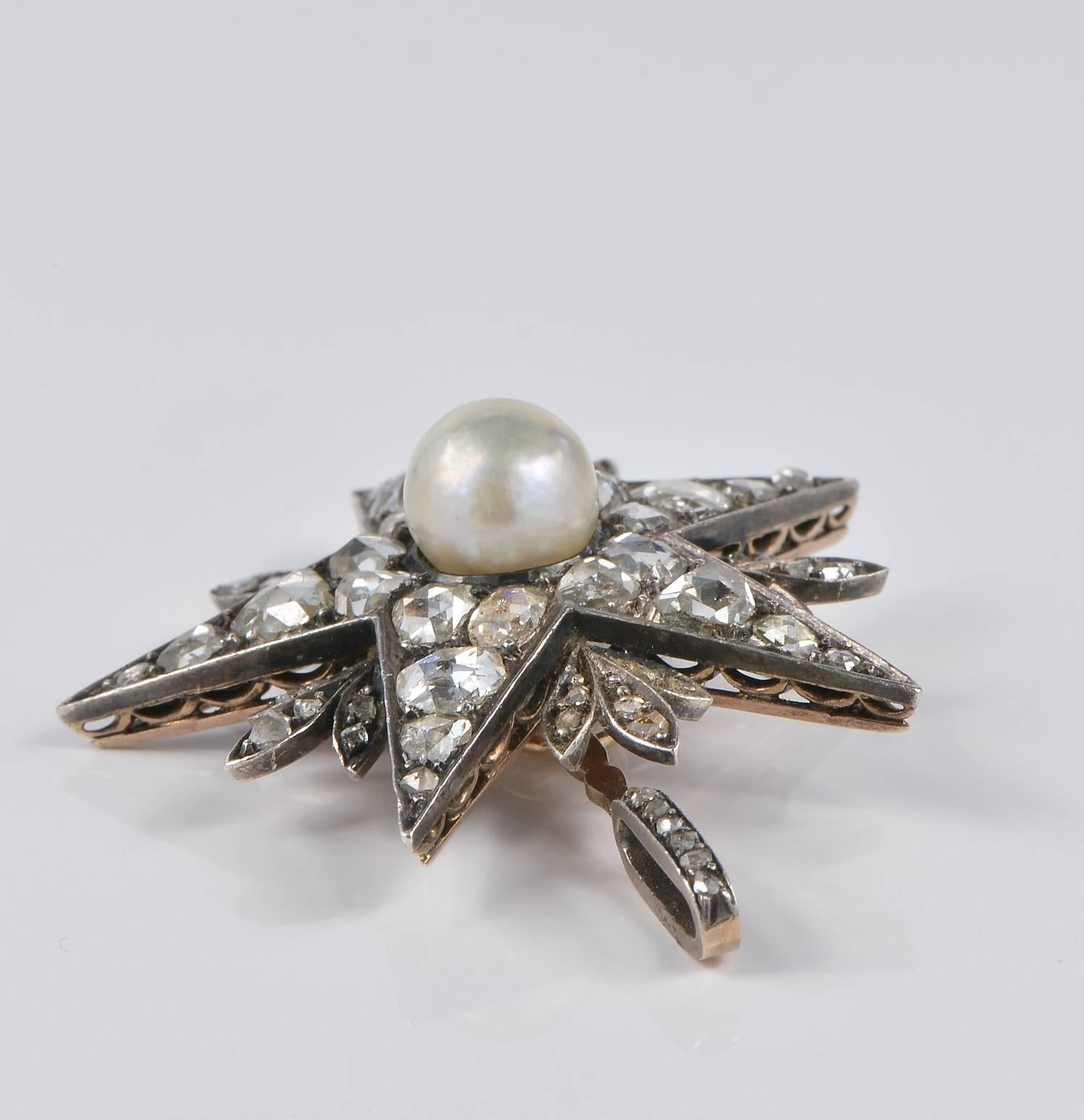 Victorian Natural Pearl 4.50 Carat Diamond Star Pendant For Sale 1