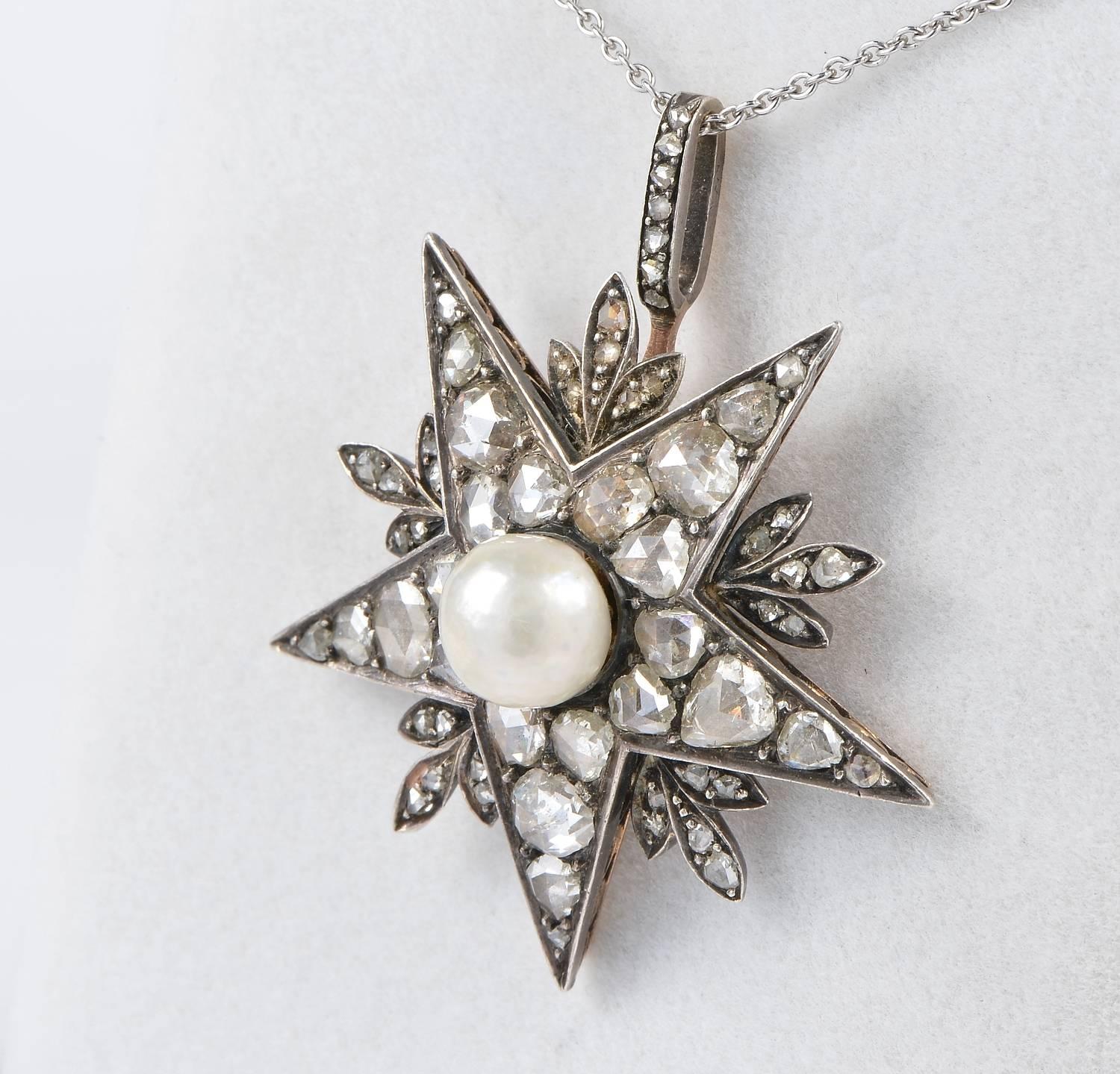Victorian Natural Pearl 4.50 Carat Diamond Star Pendant In Excellent Condition For Sale In Napoli, IT